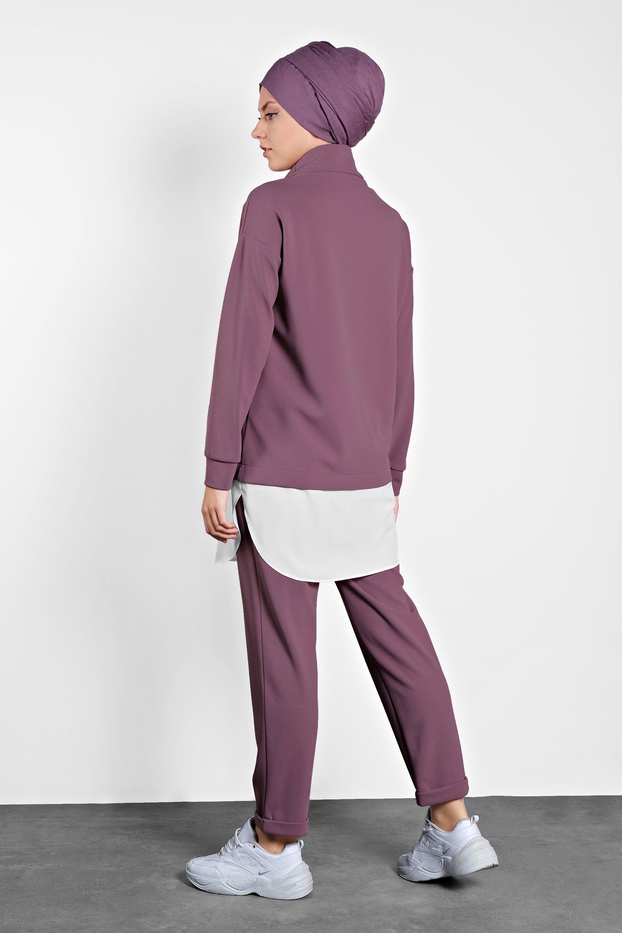 Tesettür giyim PEMBE MİX DESENLİ İKİ PARÇA GÖRÜNÜMLÜ İKİLİ PANTOLONLU TAKIM 40108 