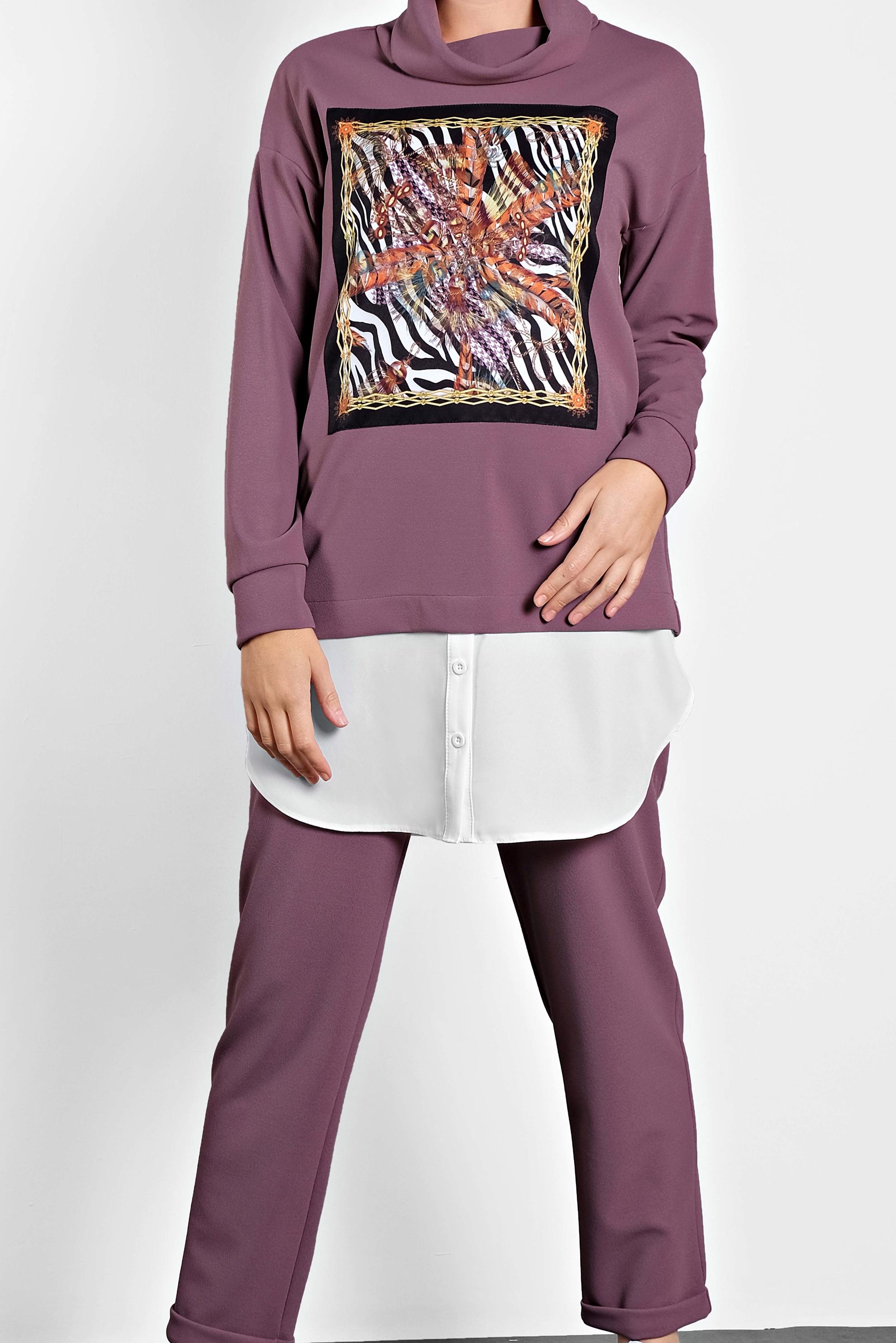 Tesettür giyim PEMBE MİX DESENLİ İKİ PARÇA GÖRÜNÜMLÜ İKİLİ PANTOLONLU TAKIM 40108 