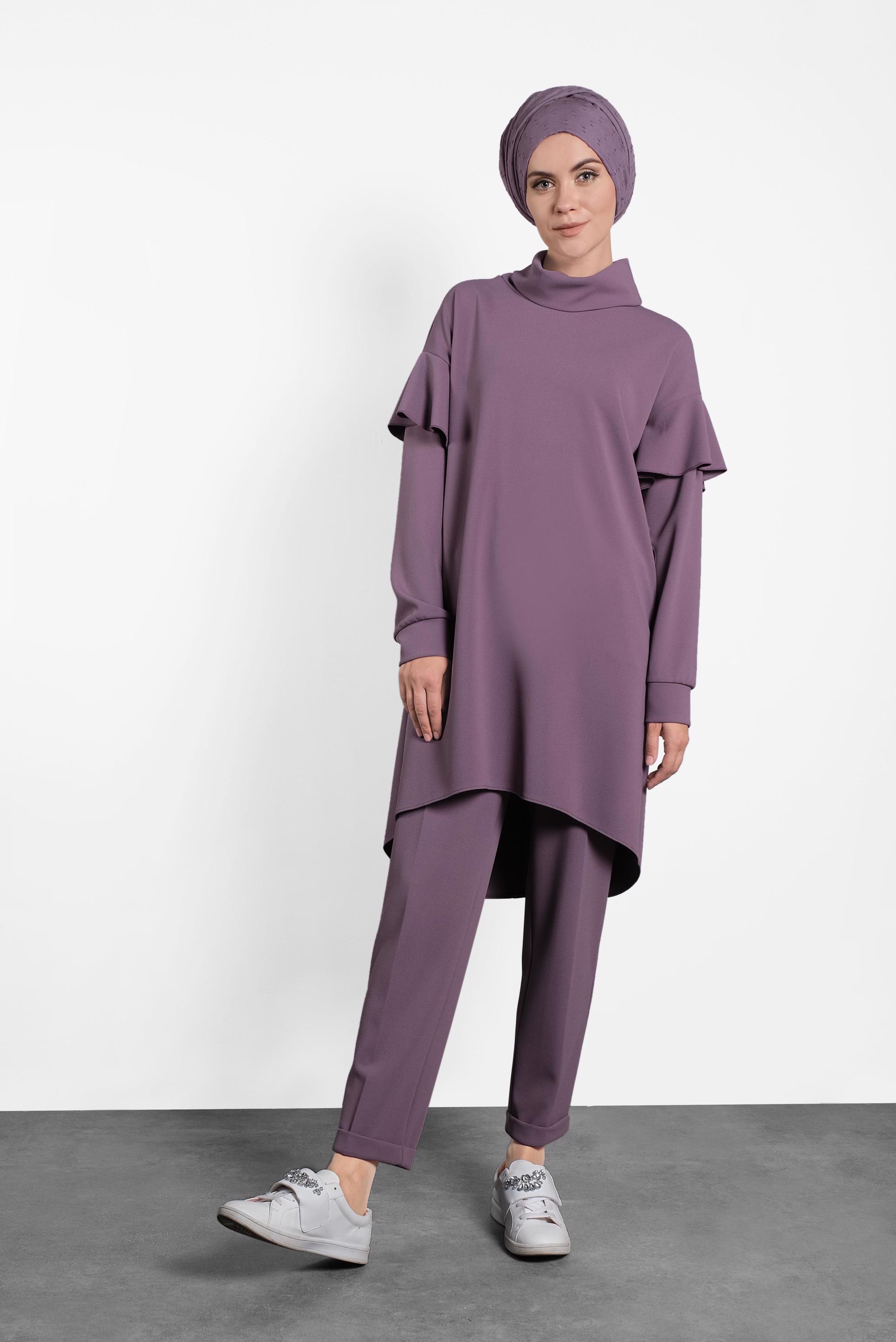 Tesettür giyim PEMBE OMUZLARI VOLANLI İKİLİ PANTOLONLU TAKIM 40146 