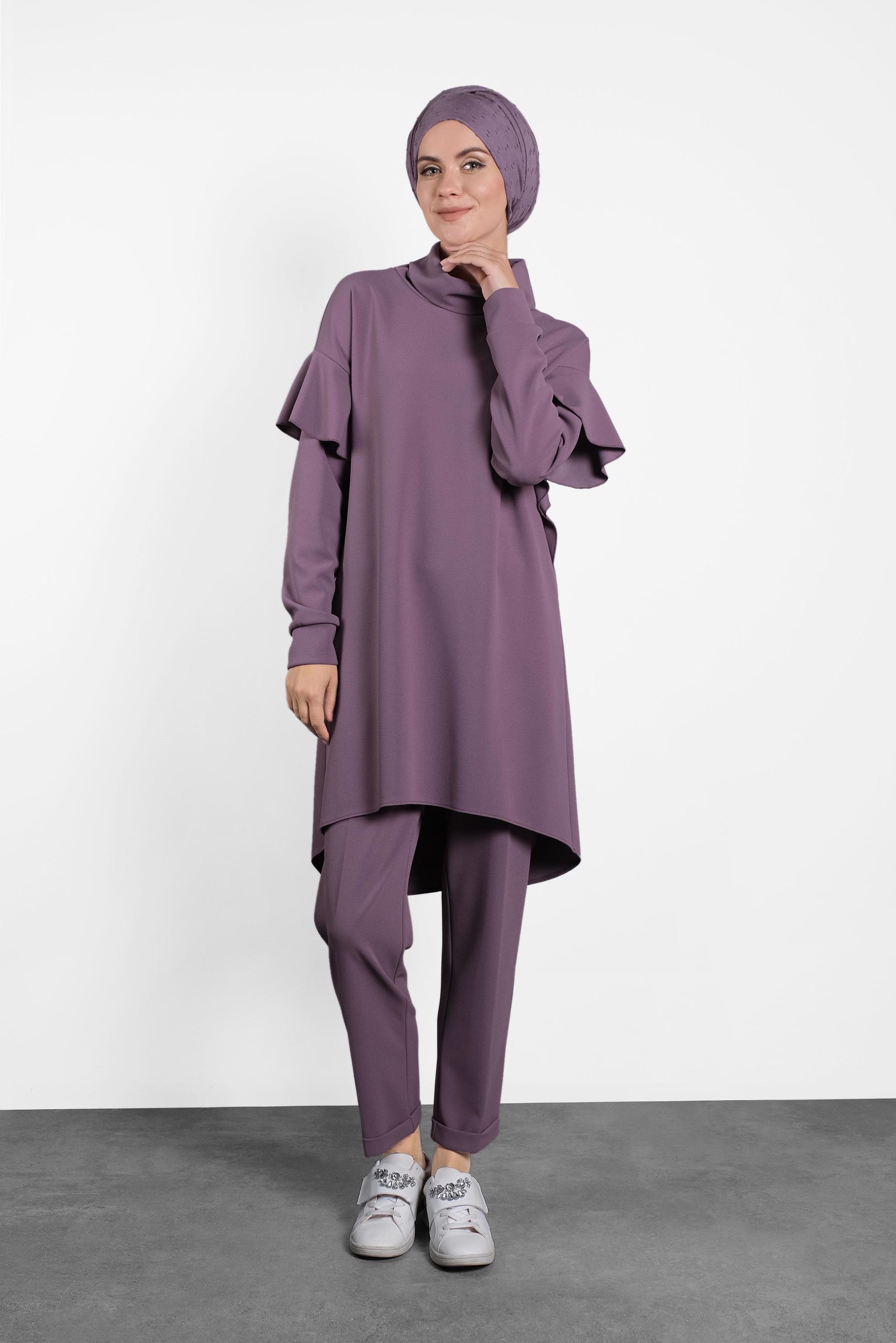 Tesettür giyim PEMBE OMUZLARI VOLANLI İKİLİ PANTOLONLU TAKIM 40146 