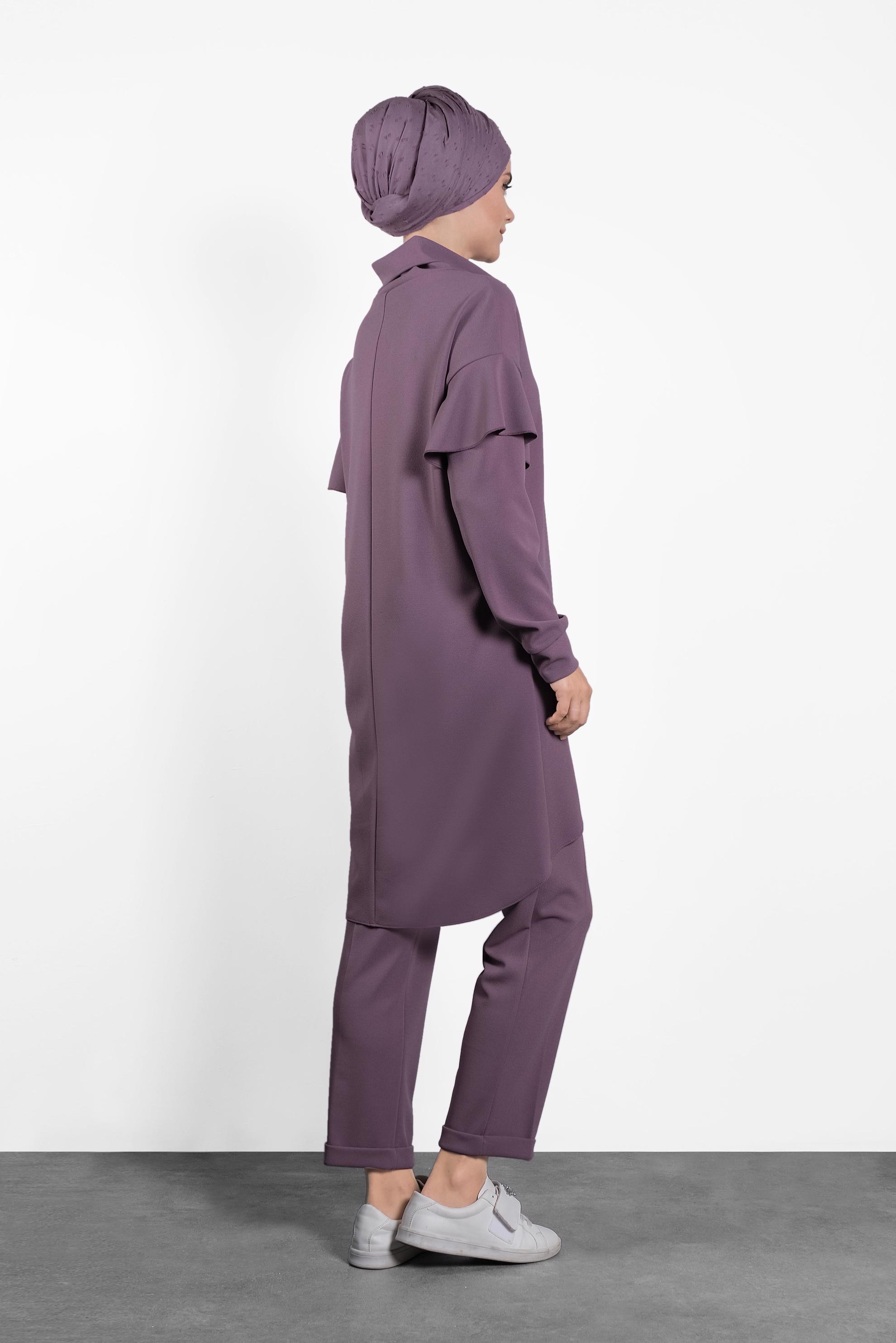 Tesettür giyim PEMBE OMUZLARI VOLANLI İKİLİ PANTOLONLU TAKIM 40146 