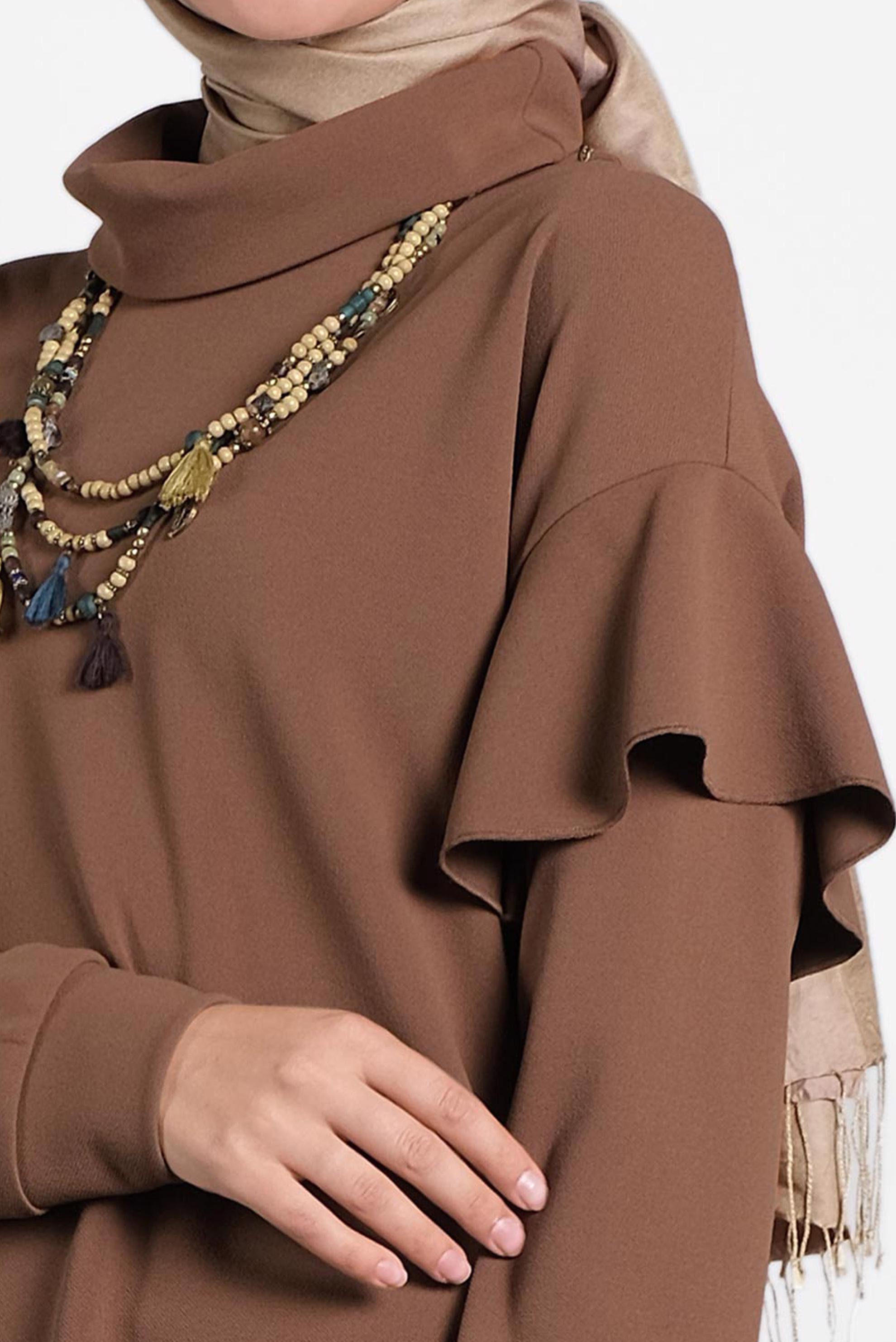 Tesettür giyim KAHVE OMUZLARI VOLANLI İKİLİ PANTOLONLU TAKIM 40146 