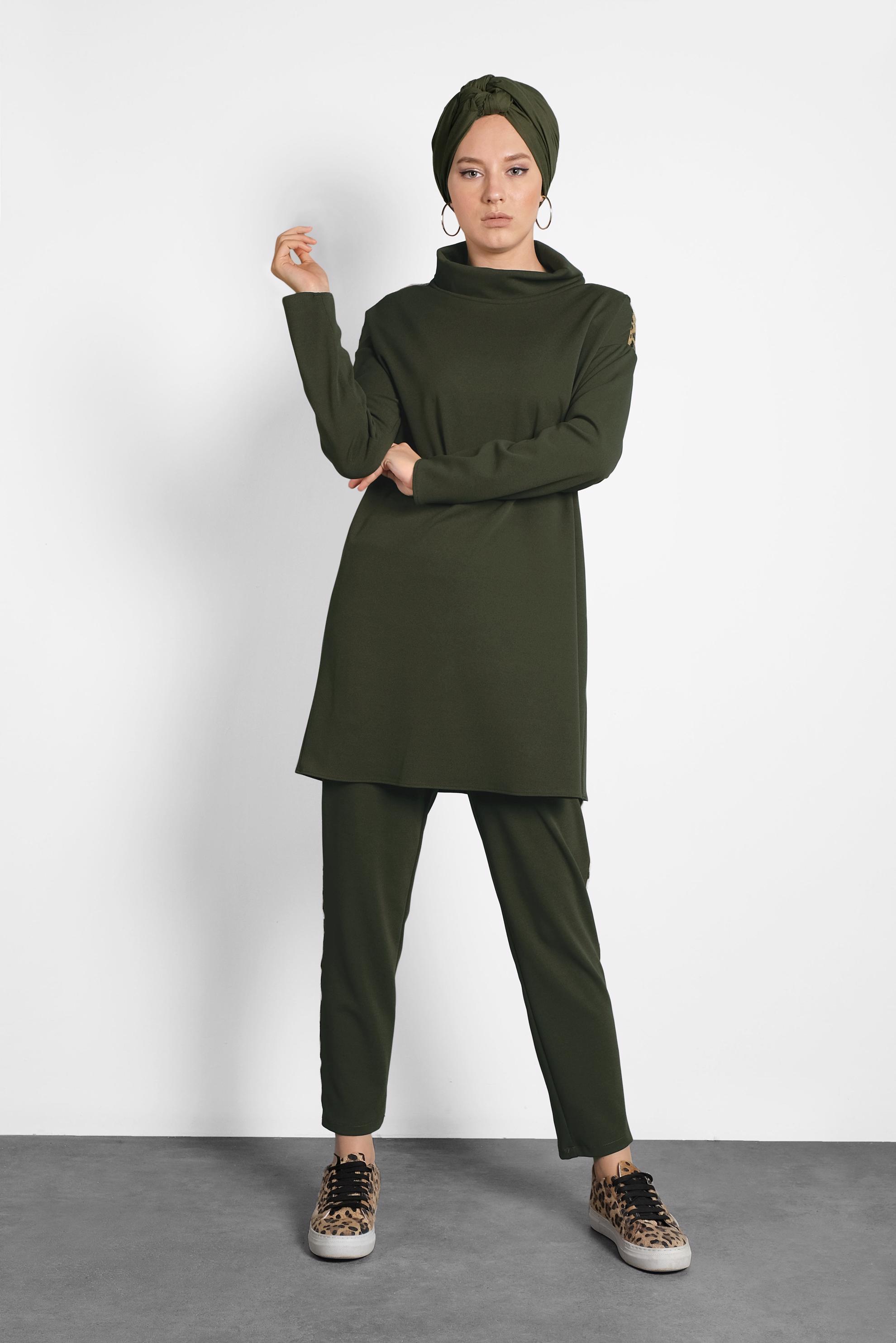 Tesettür giyim YEŞİL LEOPAR DESENİ DETAYLI İKİLİ PANTOLONLU TAKIM 40267