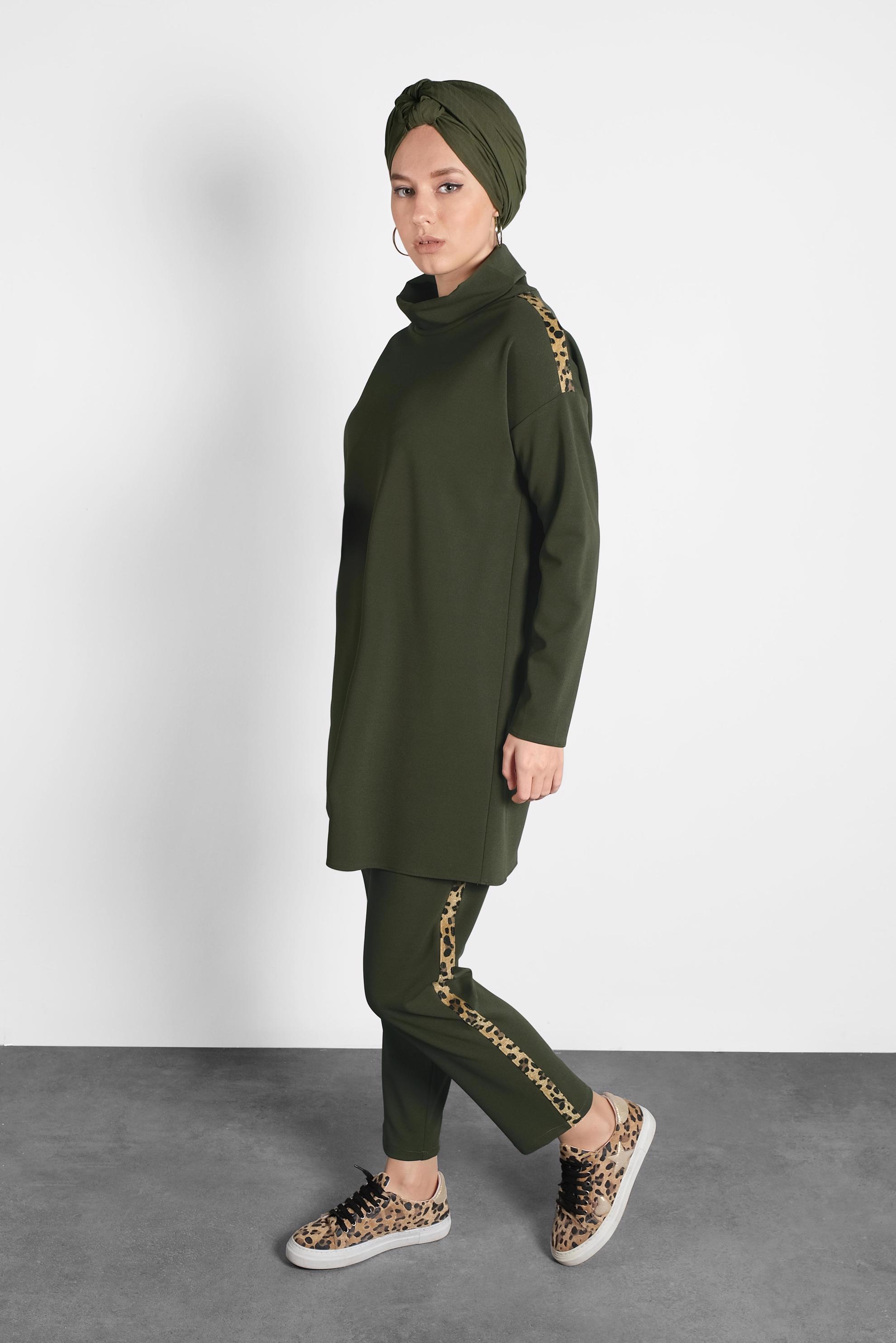Tesettür giyim YEŞİL LEOPAR DESENİ DETAYLI İKİLİ PANTOLONLU TAKIM 40267