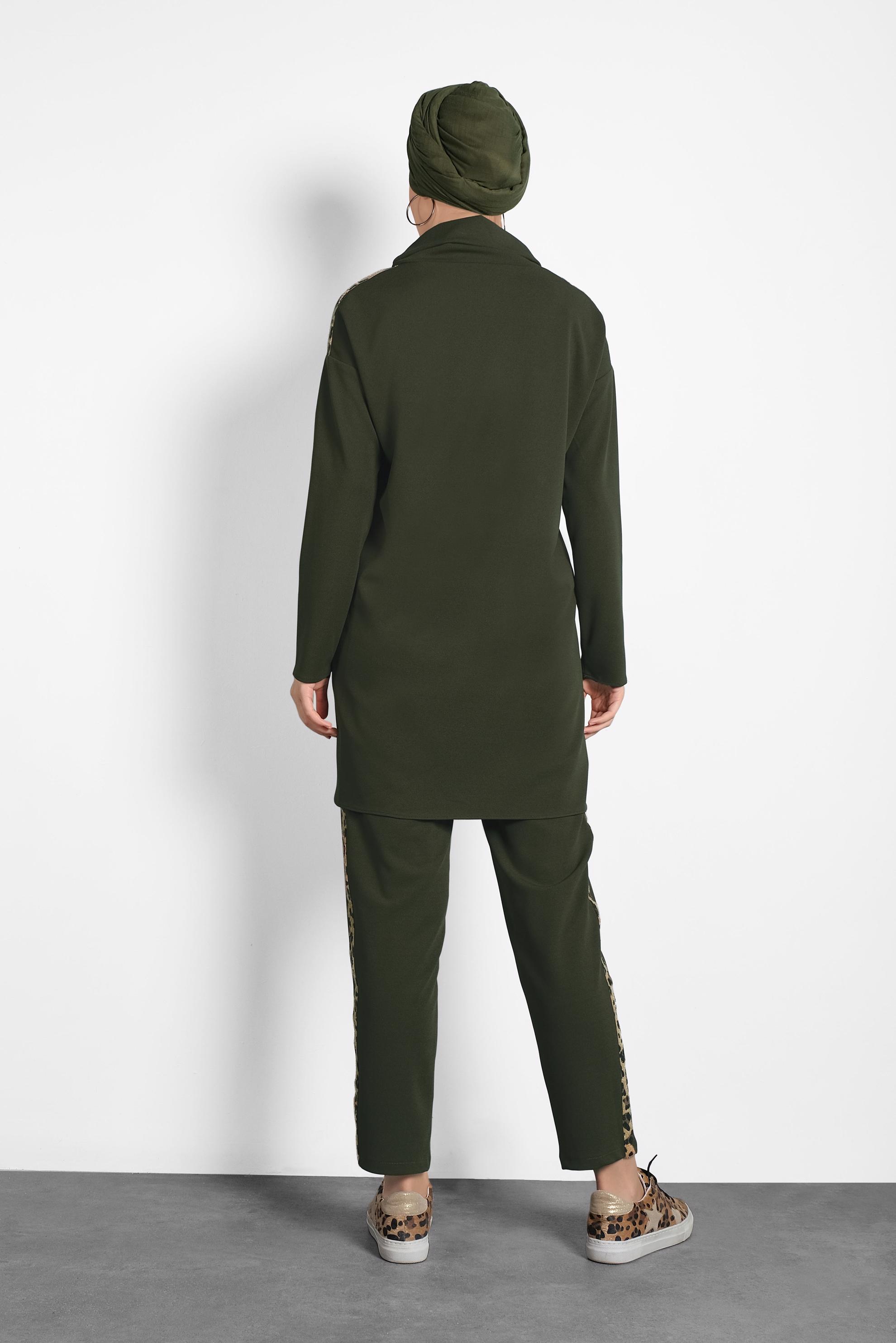 Tesettür giyim YEŞİL LEOPAR DESENİ DETAYLI İKİLİ PANTOLONLU TAKIM 40267