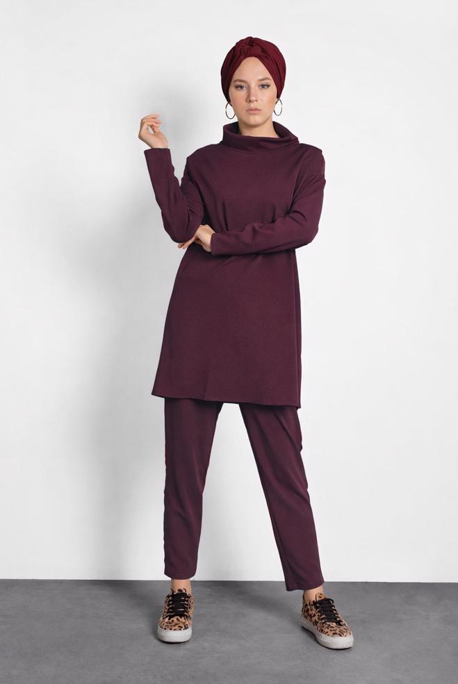 Vêtements hijab ROUGE BORDEAUX ENSEMBLE PANTALON DÉTAILLÉ MOTIF LÉOPARD 40267 - ALVİNA