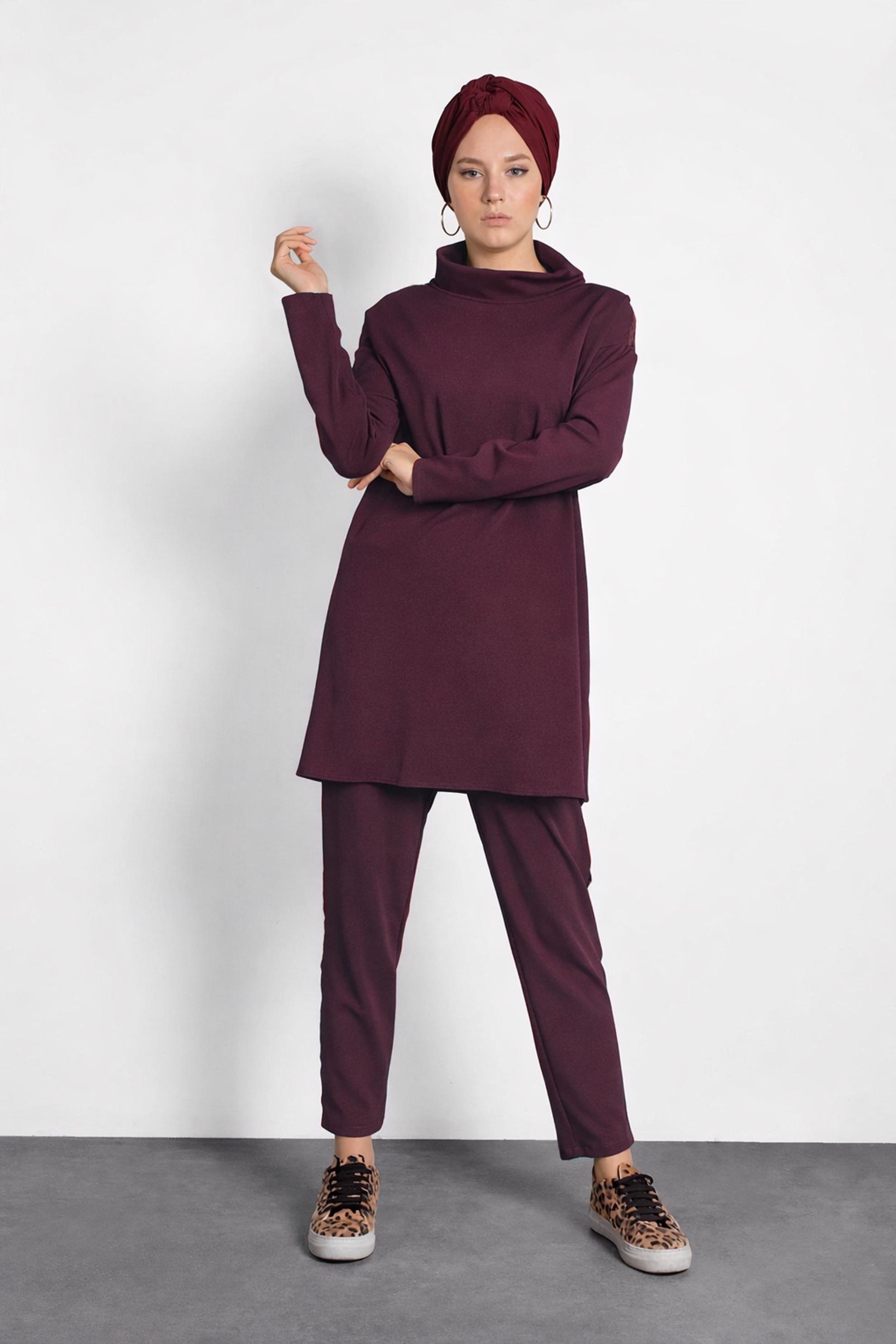 Vêtements hijab ROUGE BORDEAUX ENSEMBLE PANTALON DÉTAILLÉ MOTIF LÉOPARD 40267