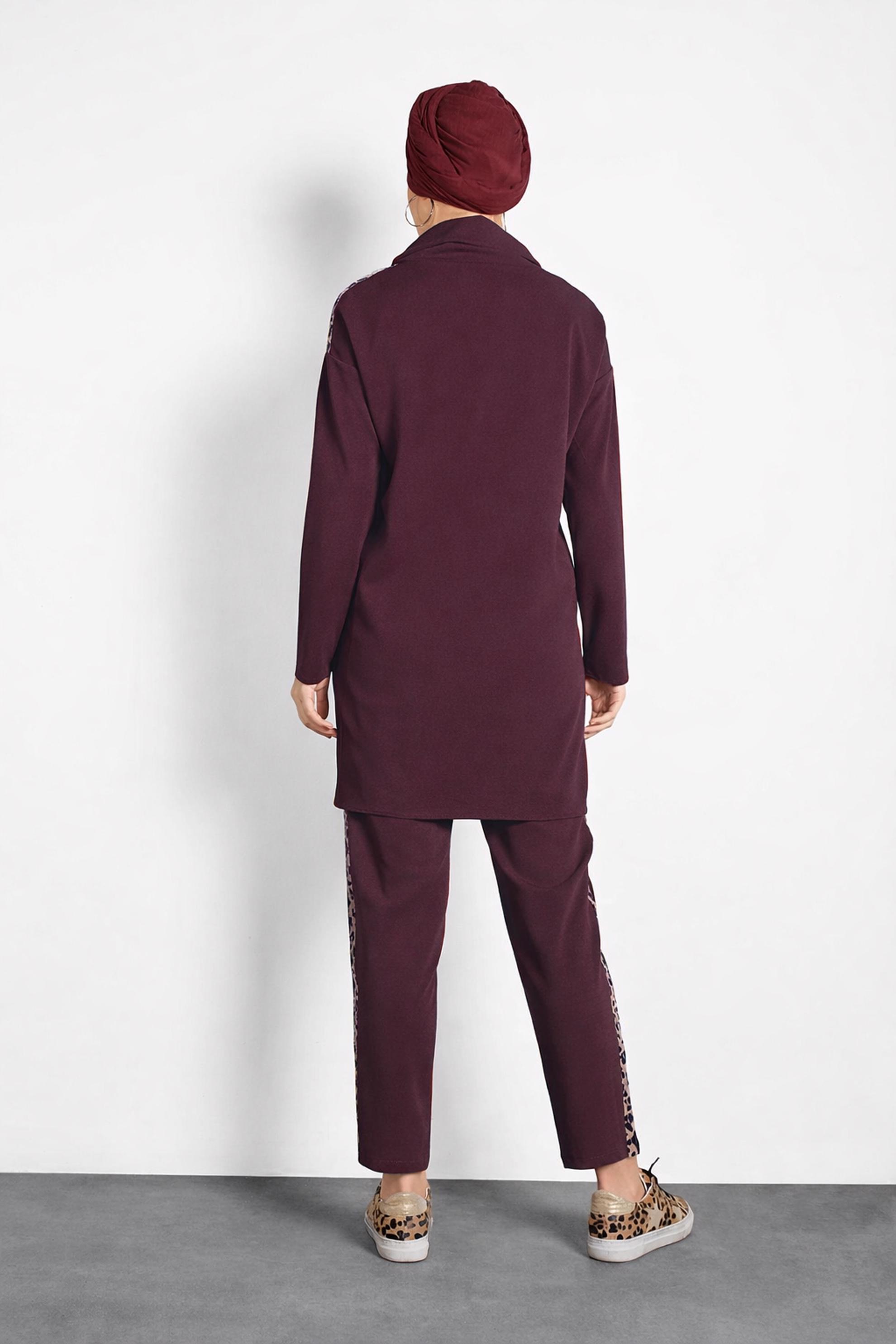 Vêtements hijab ROUGE BORDEAUX ENSEMBLE PANTALON DÉTAILLÉ MOTIF LÉOPARD 40267
