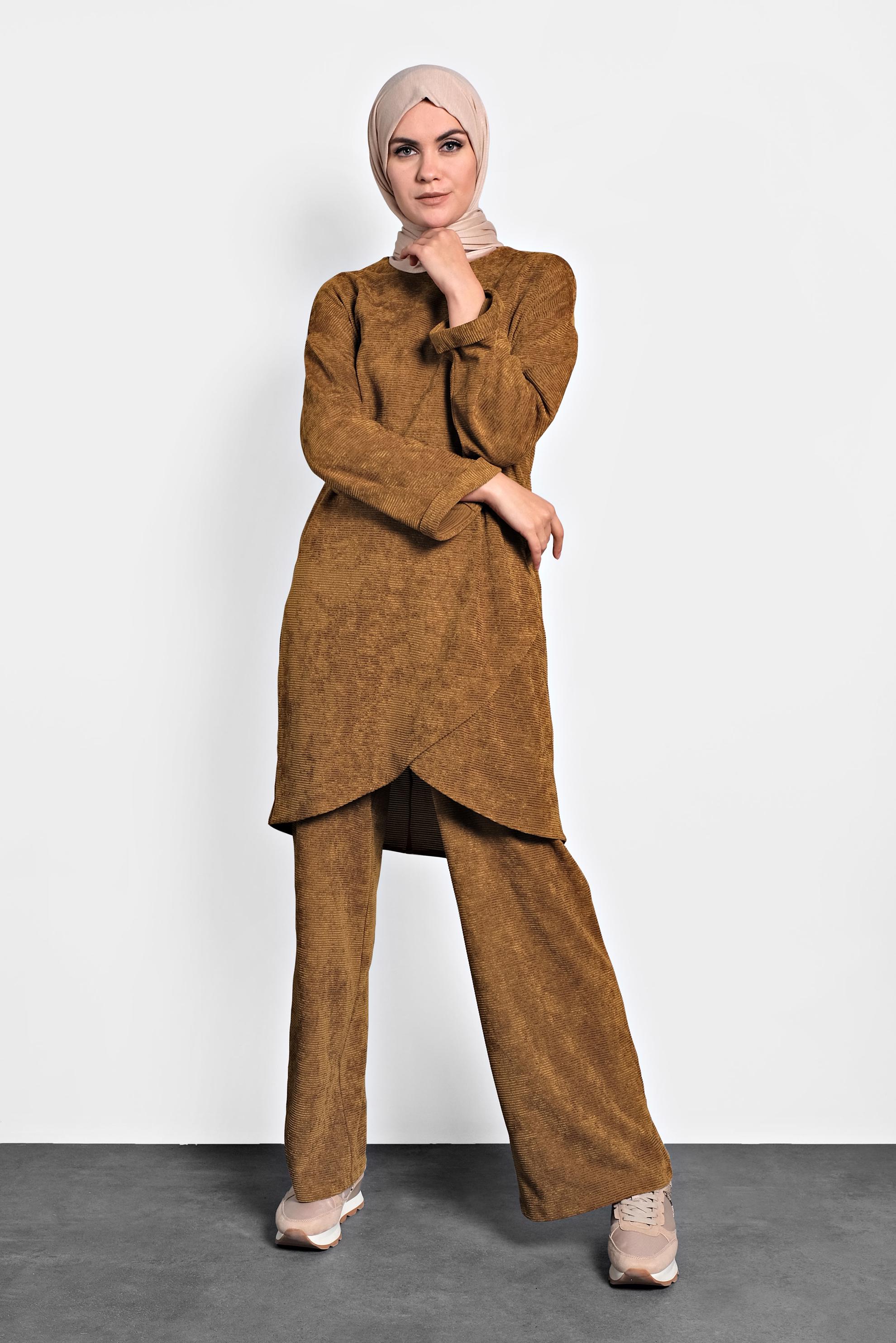 Tesettür giyim TABA FİTİLLİ KADİFE PANTOLONLU TAKIM 40268