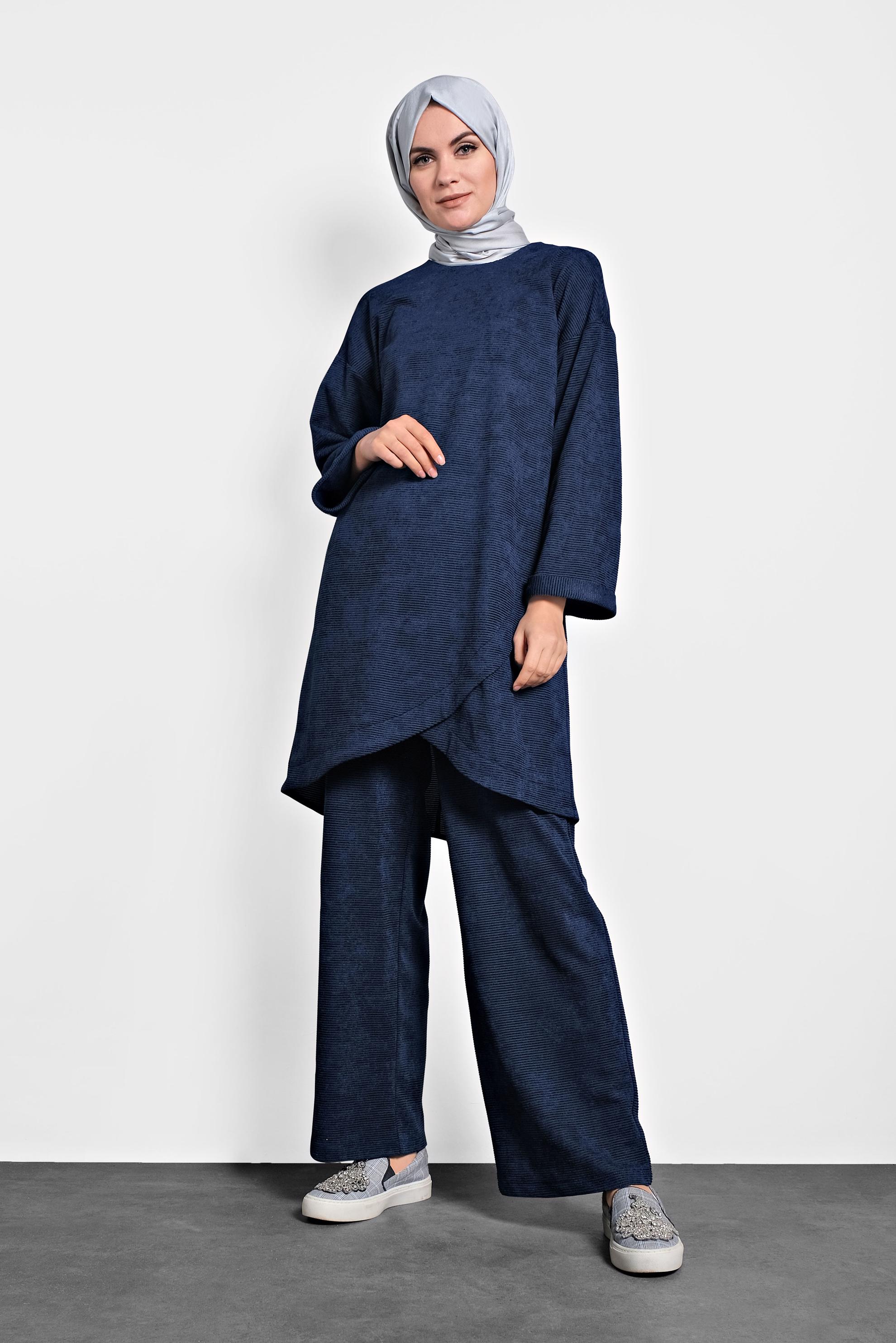Tesettür giyim LACİVERT FİTİLLİ KADİFE PANTOLONLU TAKIM 40268