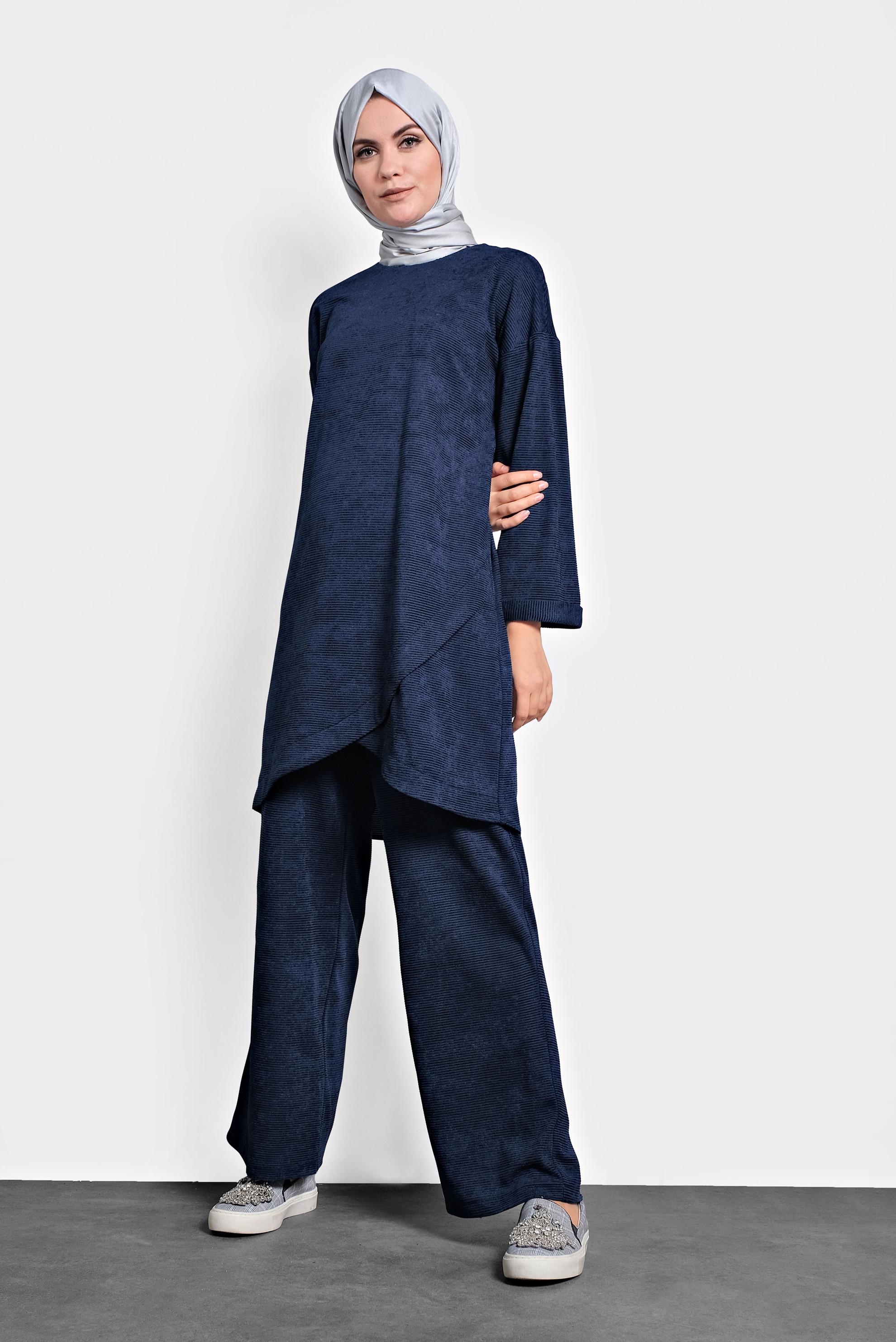 Tesettür giyim LACİVERT FİTİLLİ KADİFE PANTOLONLU TAKIM 40268