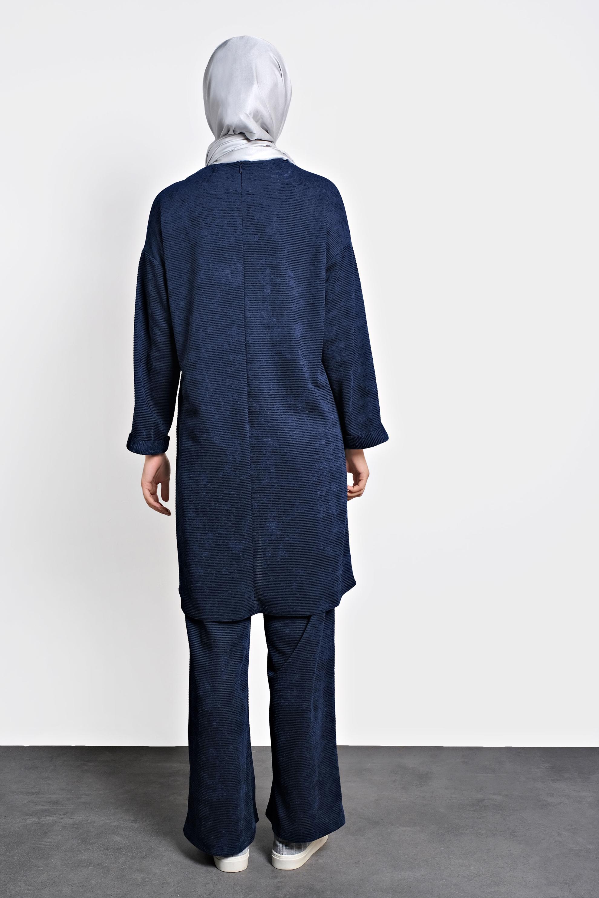 Tesettür giyim LACİVERT FİTİLLİ KADİFE PANTOLONLU TAKIM 40268