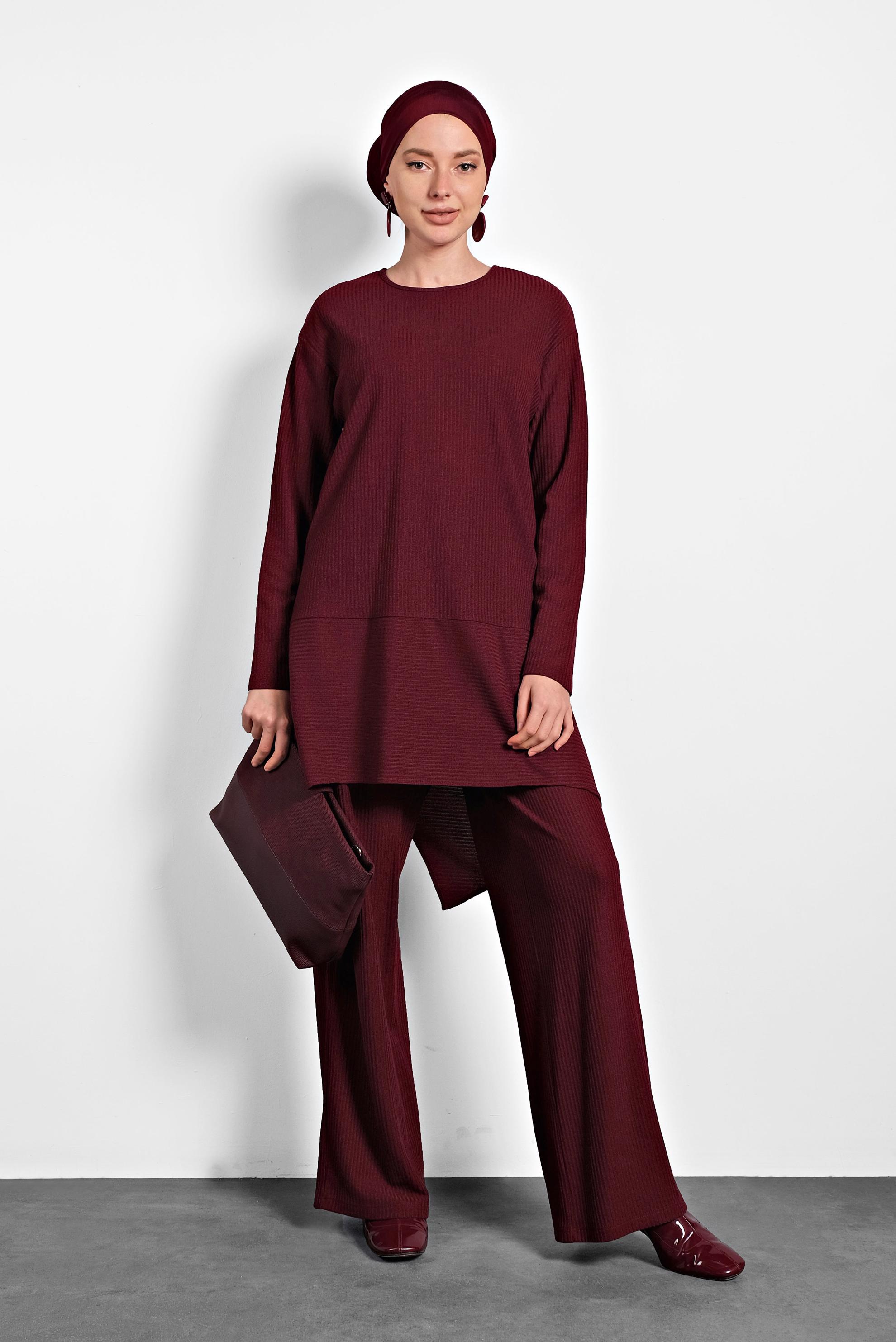 Tesettür giyim BORDO ASİMETRİK KESİM TRİKO İKİLİ PANTOLONLU TAKIM 40296