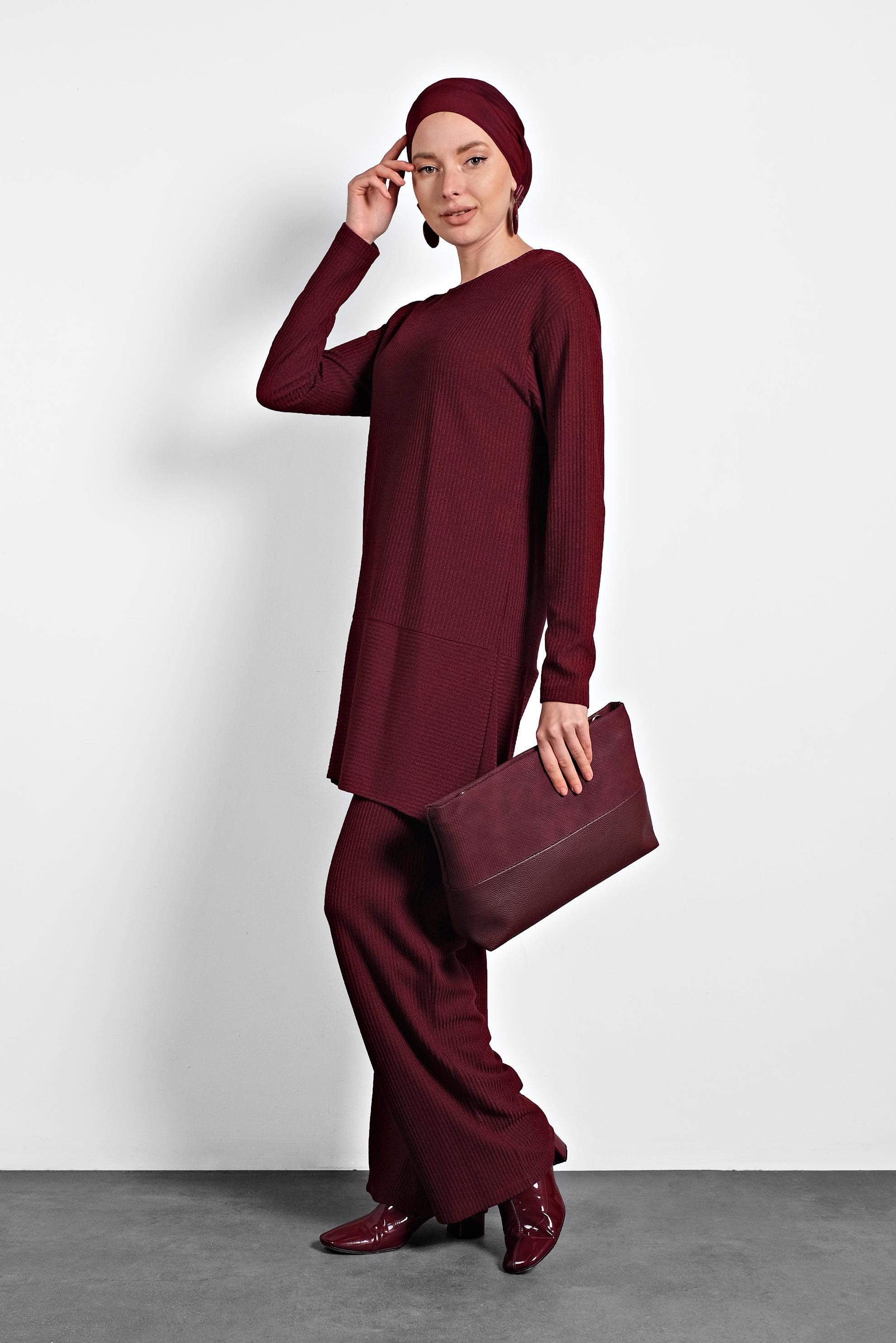 Tesettür giyim BORDO ASİMETRİK KESİM TRİKO İKİLİ PANTOLONLU TAKIM 40296