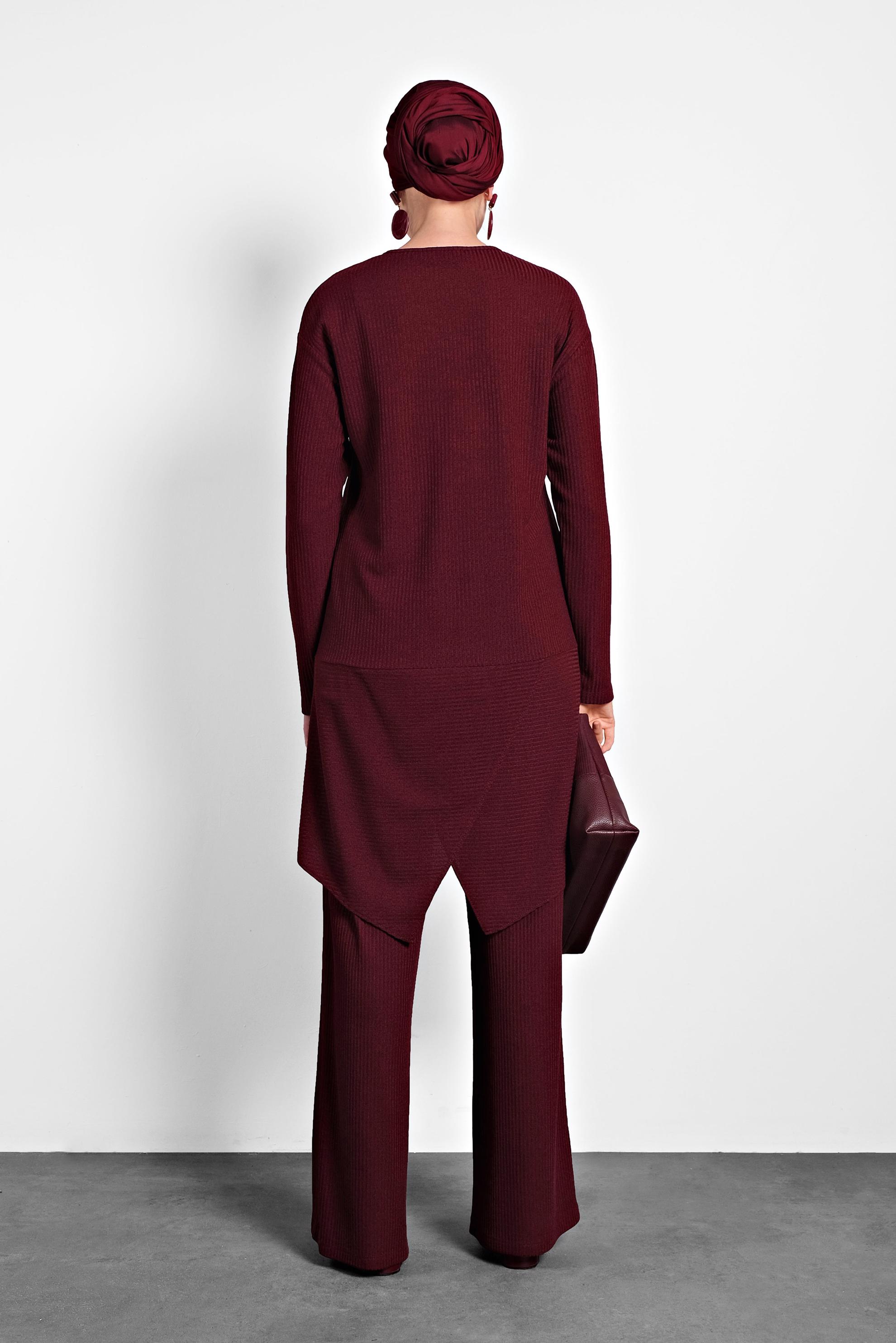 Tesettür giyim BORDO ASİMETRİK KESİM TRİKO İKİLİ PANTOLONLU TAKIM 40296