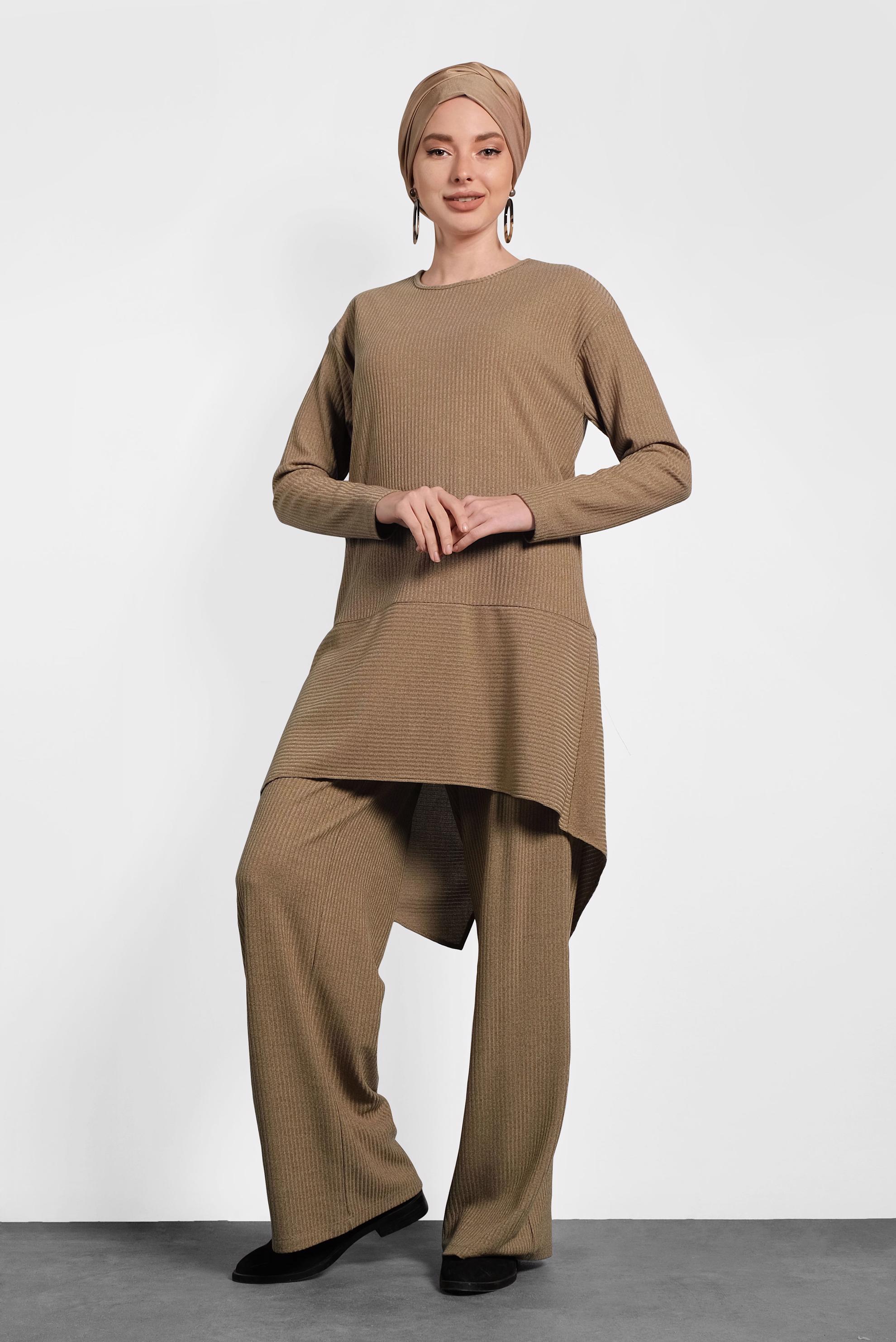 Tesettür giyim KAHVE ASİMETRİK KESİM TRİKO İKİLİ PANTOLONLU TAKIM 40296