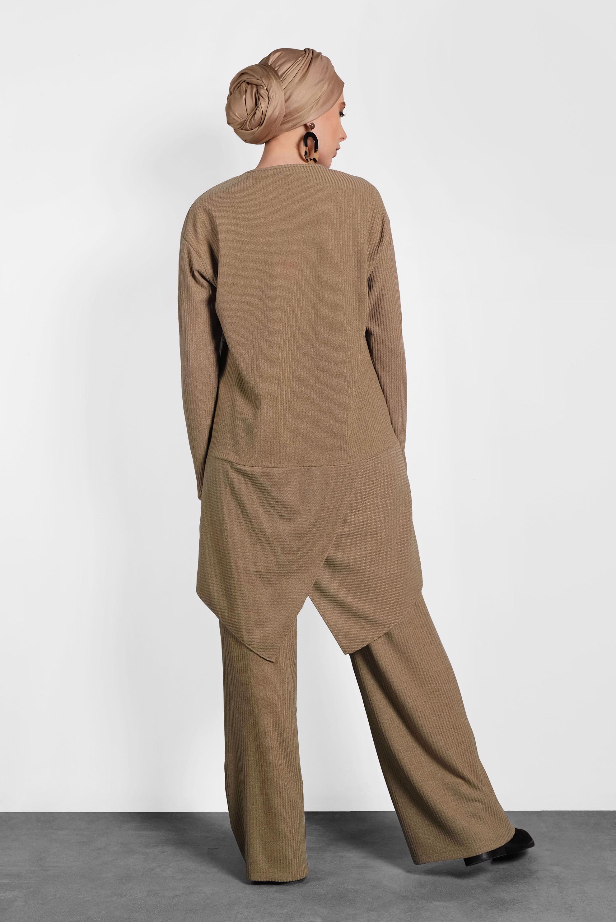 Tesettür giyim KAHVE ASİMETRİK KESİM TRİKO İKİLİ PANTOLONLU TAKIM 40296