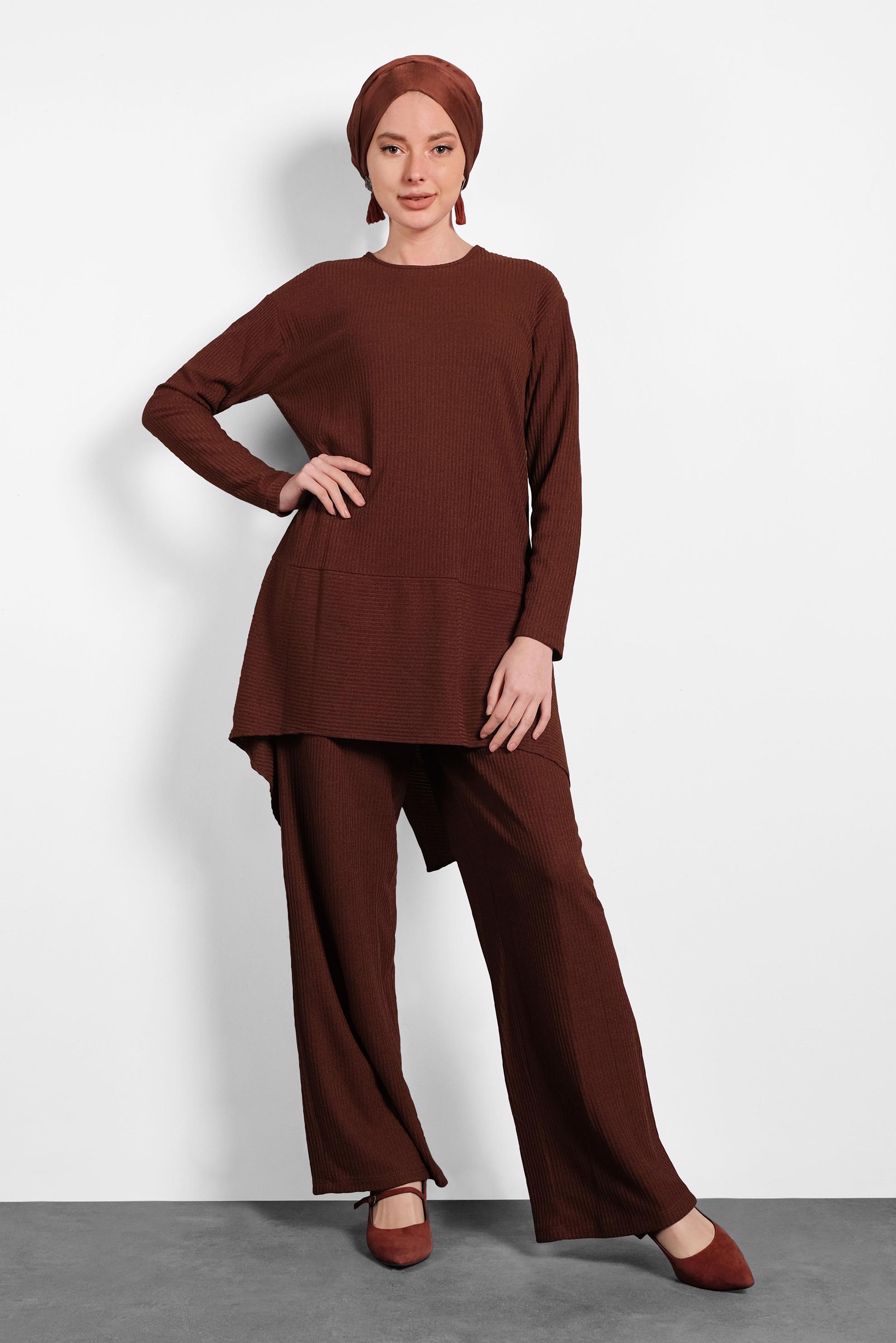 Tesettür giyim TURUNCU ASİMETRİK KESİM TRİKO İKİLİ PANTOLONLU TAKIM 40296