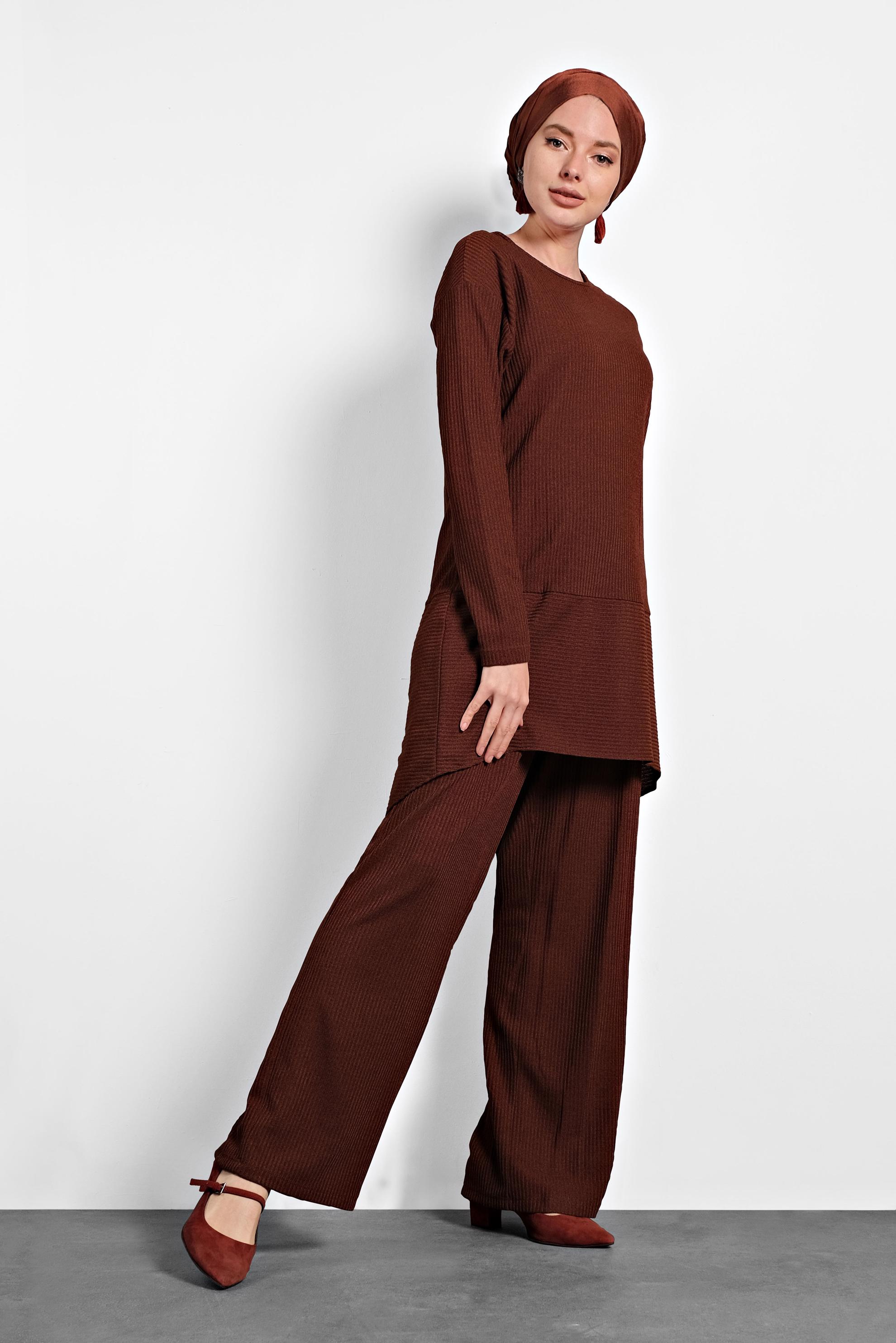 Tesettür giyim TURUNCU ASİMETRİK KESİM TRİKO İKİLİ PANTOLONLU TAKIM 40296