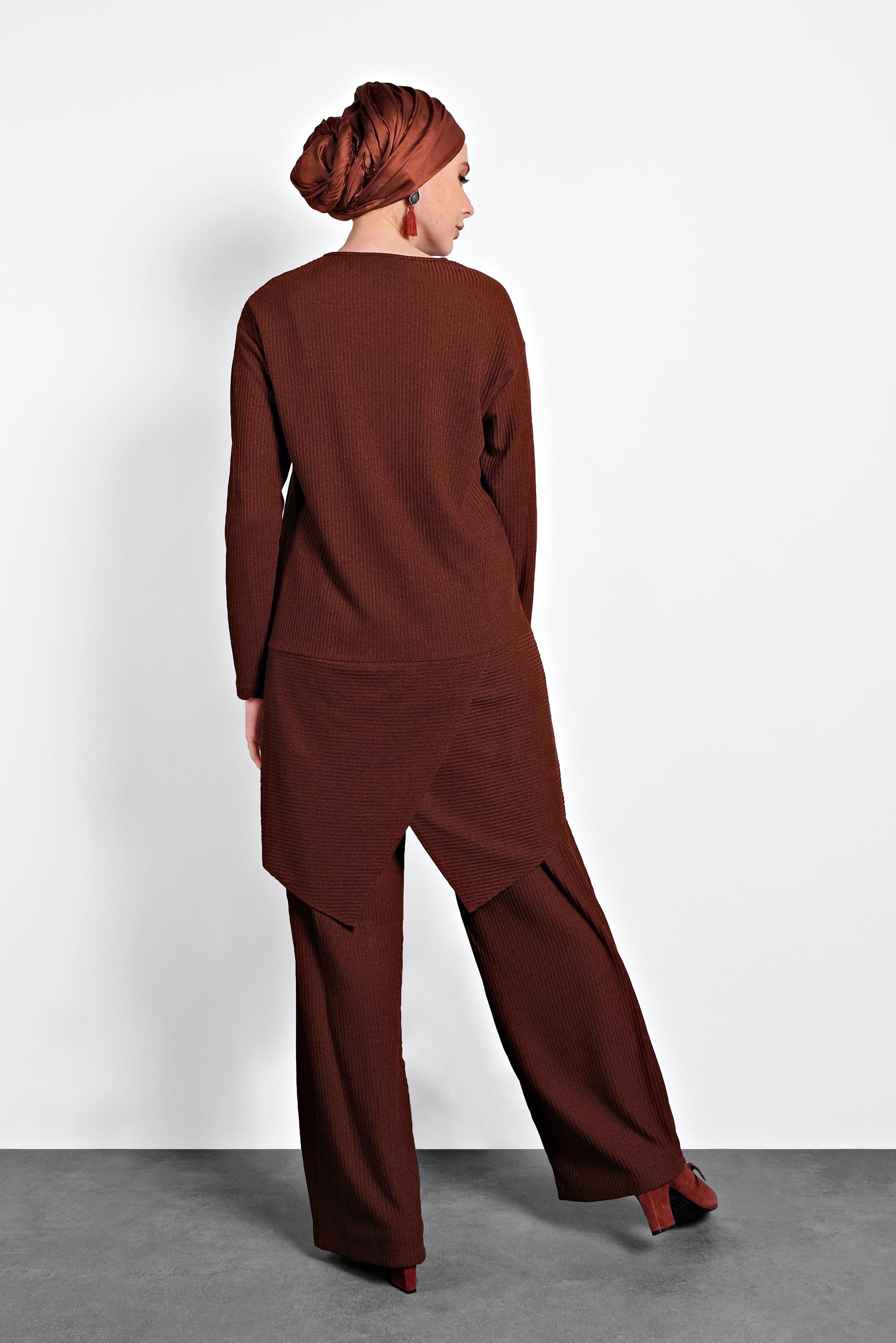 Tesettür giyim TURUNCU ASİMETRİK KESİM TRİKO İKİLİ PANTOLONLU TAKIM 40296