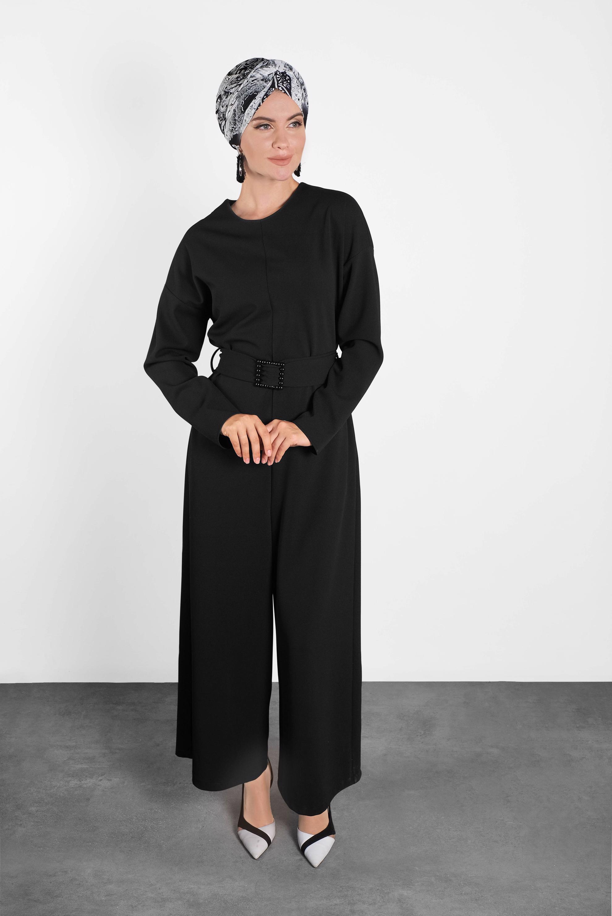 Vêtements hijab NOIR COMBINASION ZIPPÉ AVEC CEINTURE À PERLES 40216