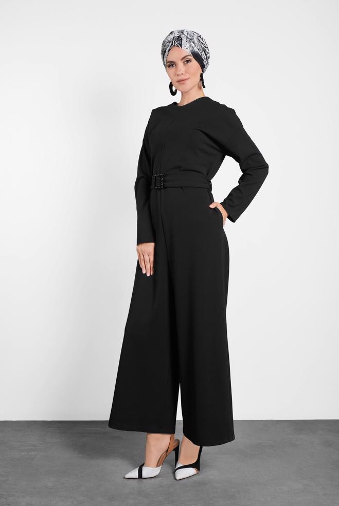 Hijab clothing BLACK ZIPPED JUMPSUIT WITH PEARLED BELT 40216  - ALVİNA