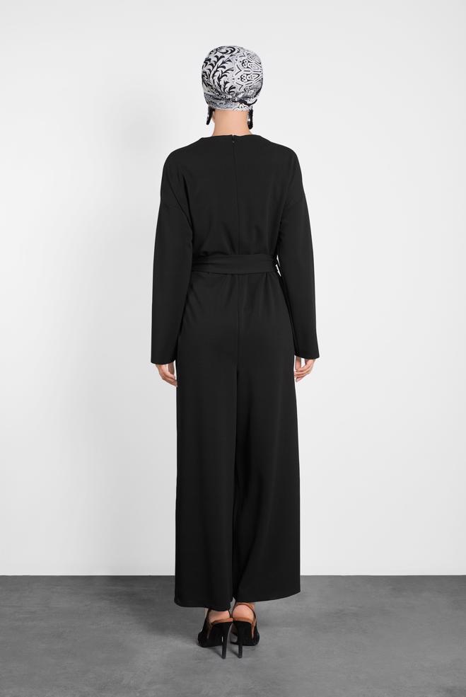 Hijab clothing BLACK ZIPPED JUMPSUIT WITH PEARLED BELT 40216  - ALVİNA