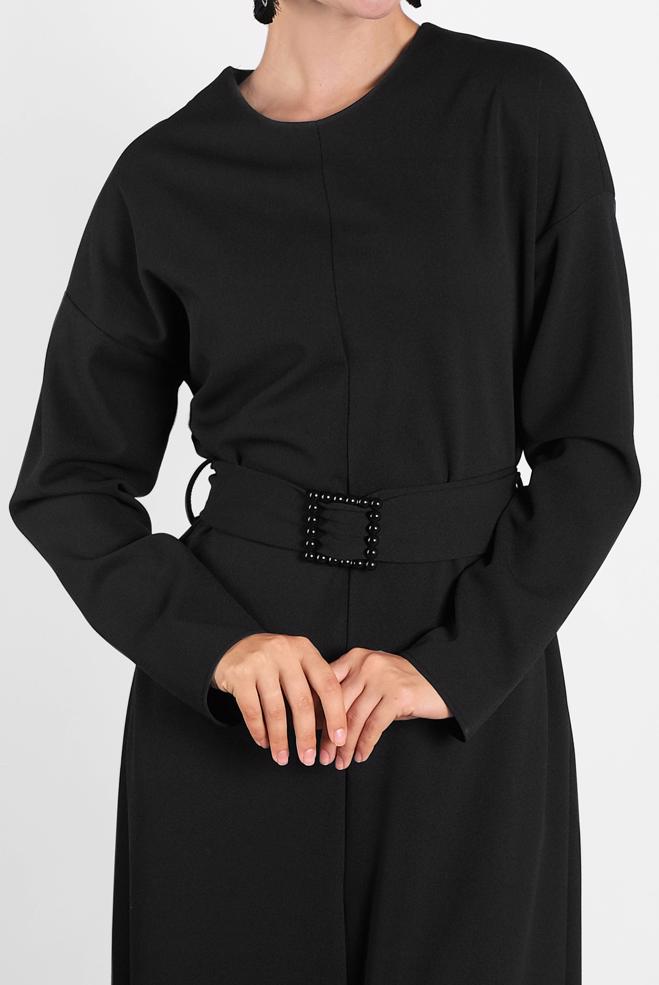Hijab clothing BLACK ZIPPED JUMPSUIT WITH PEARLED BELT 40216  - ALVİNA