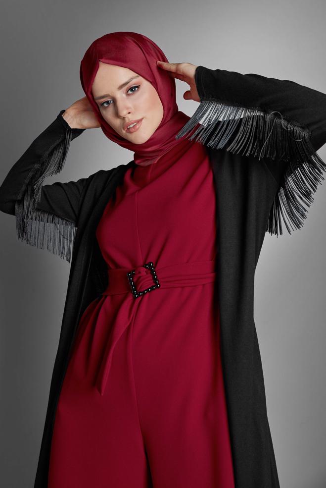 Hijab clothing RED ZIPPED JUMPSUIT WITH PEARLED BELT 40216  - ALVİNA