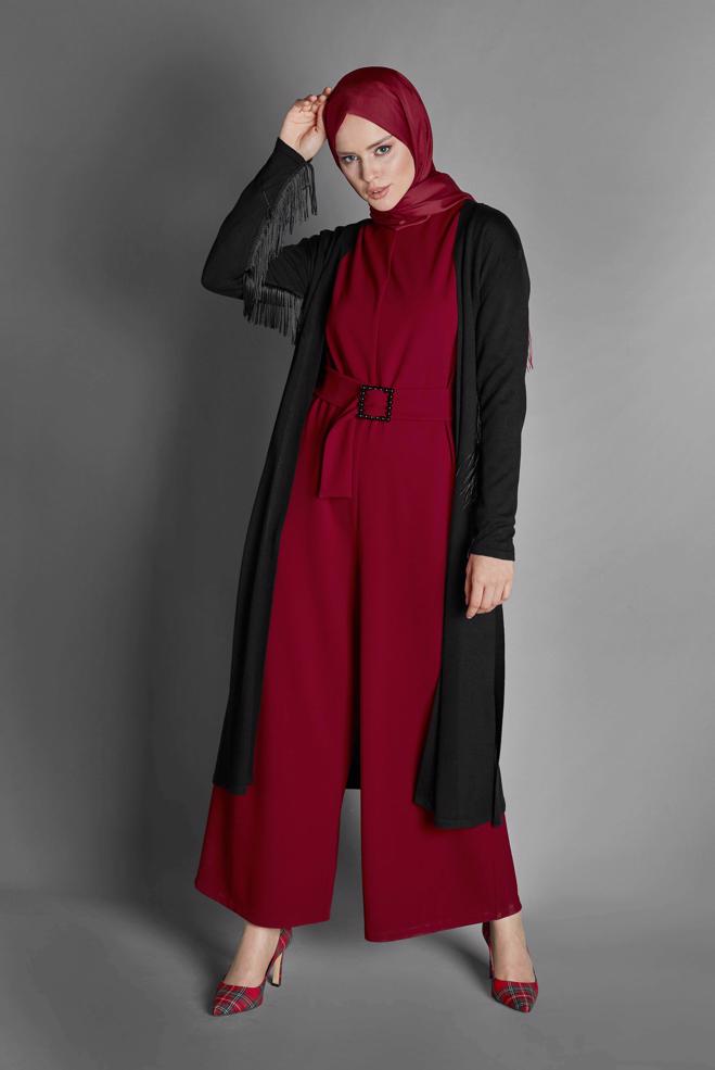 Hijab clothing RED ZIPPED JUMPSUIT WITH PEARLED BELT 40216  - ALVİNA