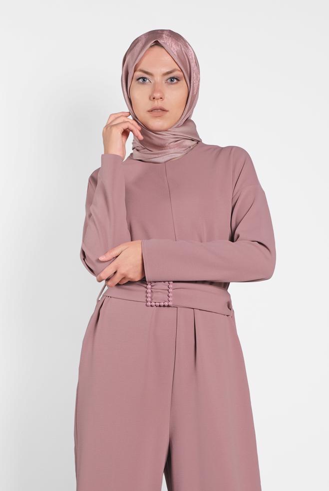 Hijab clothing POWDER ZIPPED JUMPSUIT WITH PEARLED BELT 40216  - ALVİNA