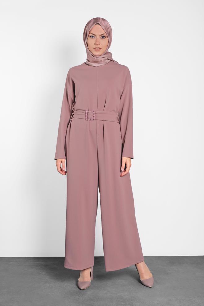 Hijab clothing POWDER ZIPPED JUMPSUIT WITH PEARLED BELT 40216  - ALVİNA
