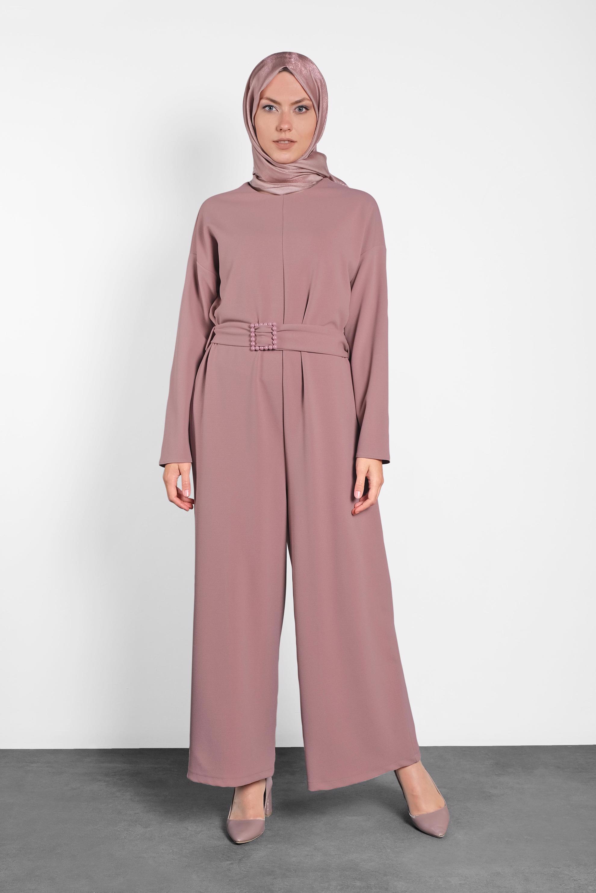 Tesettür giyim PUDRA KEMERİ İNCİ DETAYLI FERMUARLI TULUM 40216 