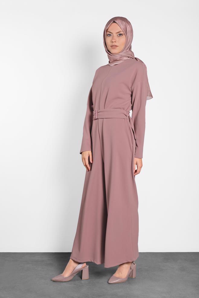 Hijab clothing POWDER ZIPPED JUMPSUIT WITH PEARLED BELT 40216  - ALVİNA