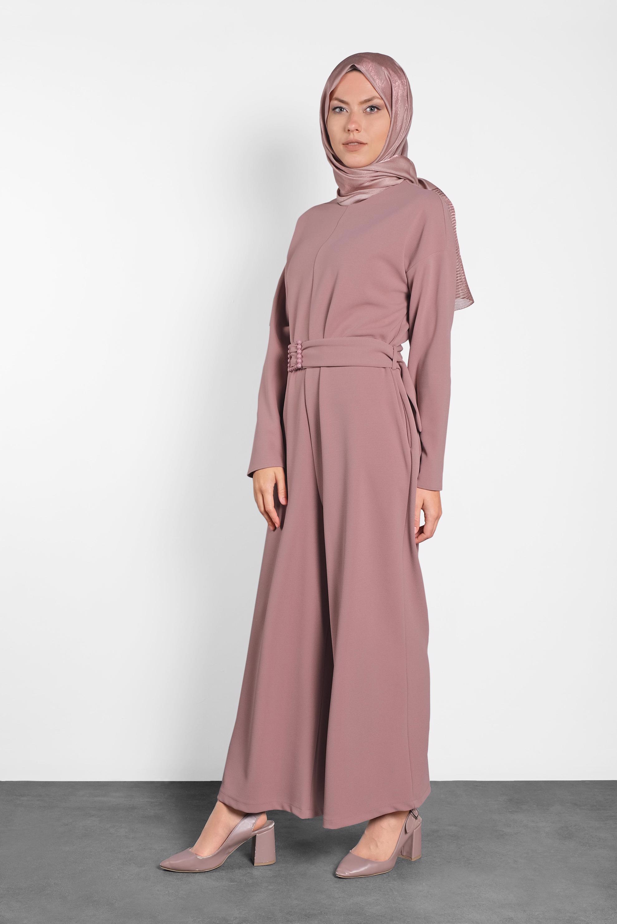 Tesettür giyim PUDRA KEMERİ İNCİ DETAYLI FERMUARLI TULUM 40216 