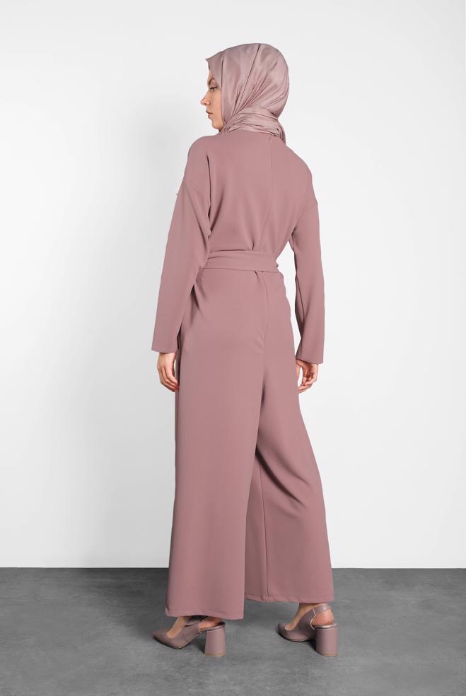 Hijab clothing POWDER ZIPPED JUMPSUIT WITH PEARLED BELT 40216  - ALVİNA