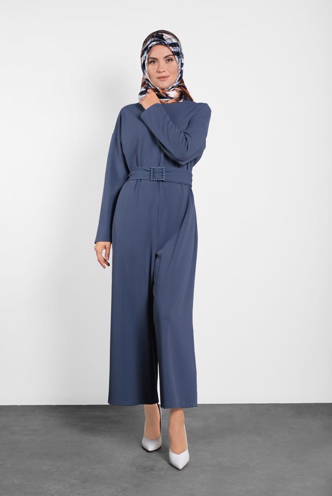 Hijab clothing NAVY BLUE ZIPPED JUMPSUIT WITH PEARLED BELT 40216  - ALVİNA