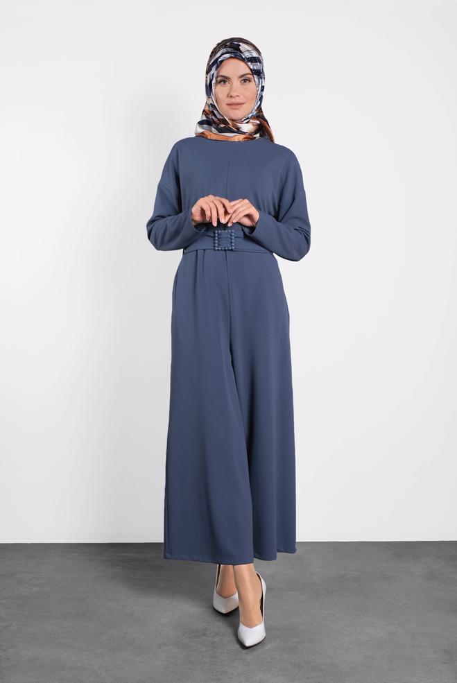 Hijab clothing NAVY BLUE ZIPPED JUMPSUIT WITH PEARLED BELT 40216  - ALVİNA