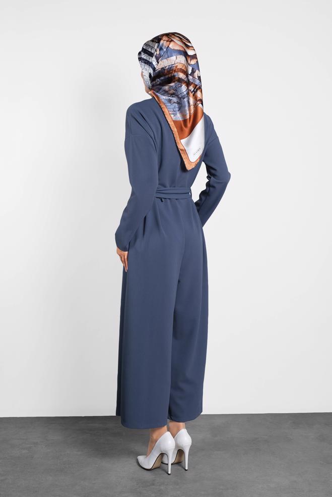 Hijab clothing NAVY BLUE ZIPPED JUMPSUIT WITH PEARLED BELT 40216  - ALVİNA