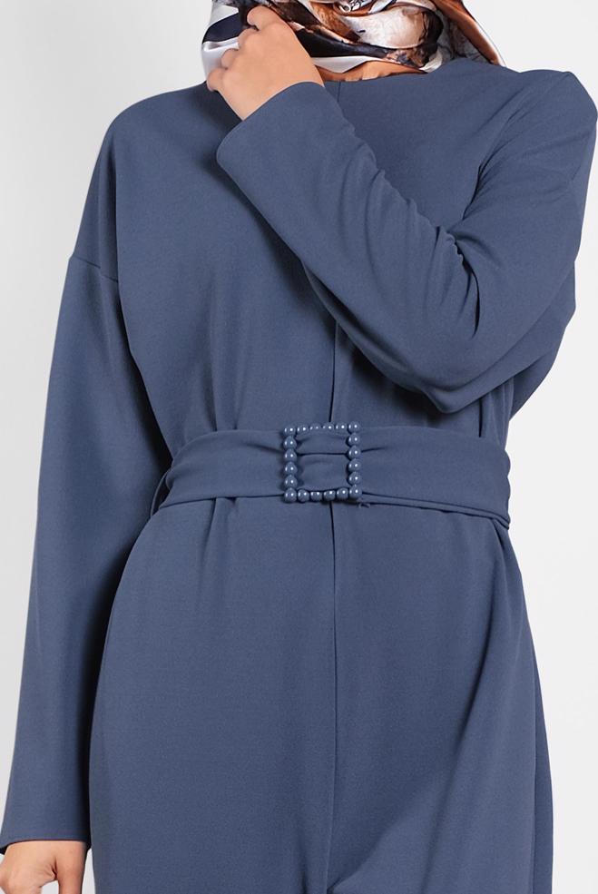 Hijab clothing NAVY BLUE ZIPPED JUMPSUIT WITH PEARLED BELT 40216  - ALVİNA