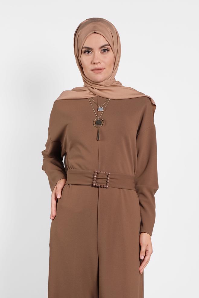 Hijab clothing BROWN ZIPPED JUMPSUIT WITH PEARLED BELT 40216  - ALVİNA
