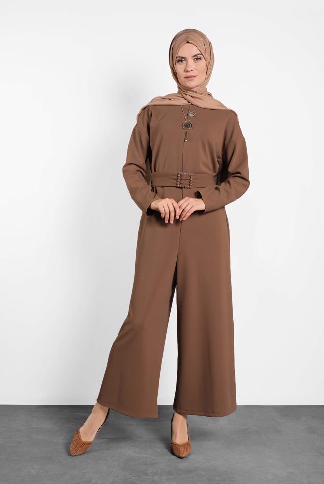 Hijab clothing BROWN ZIPPED JUMPSUIT WITH PEARLED BELT 40216  - ALVİNA
