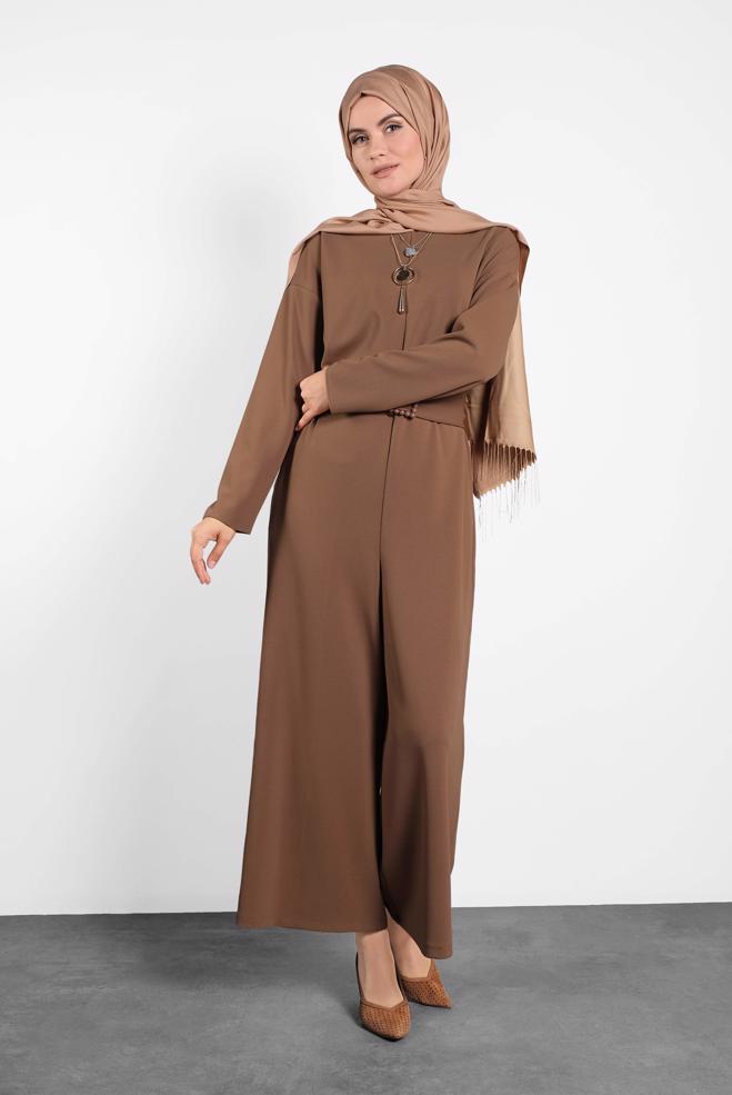 Hijab clothing BROWN ZIPPED JUMPSUIT WITH PEARLED BELT 40216  - ALVİNA