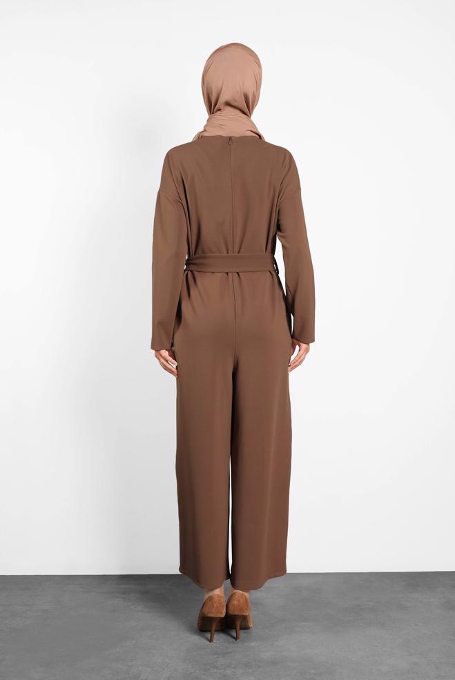 Hijab clothing BROWN ZIPPED JUMPSUIT WITH PEARLED BELT 40216  - ALVİNA