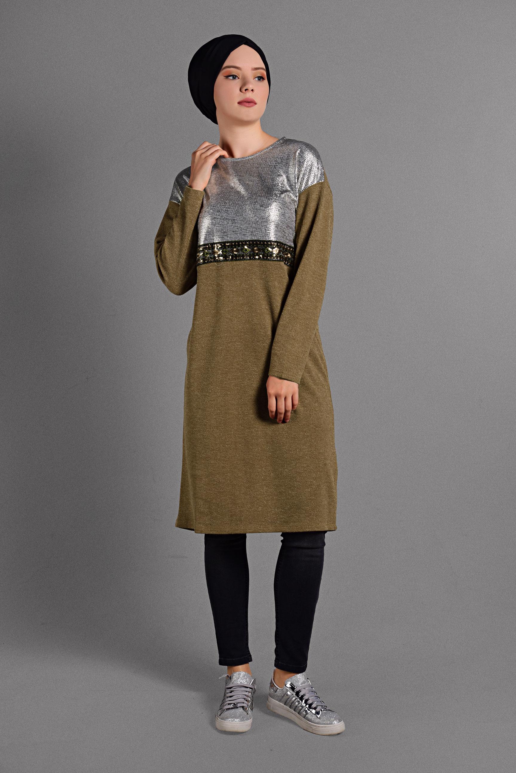 Tesettür giyim TABA ETNİK DESENLİ TRİKO TUNİK 4011