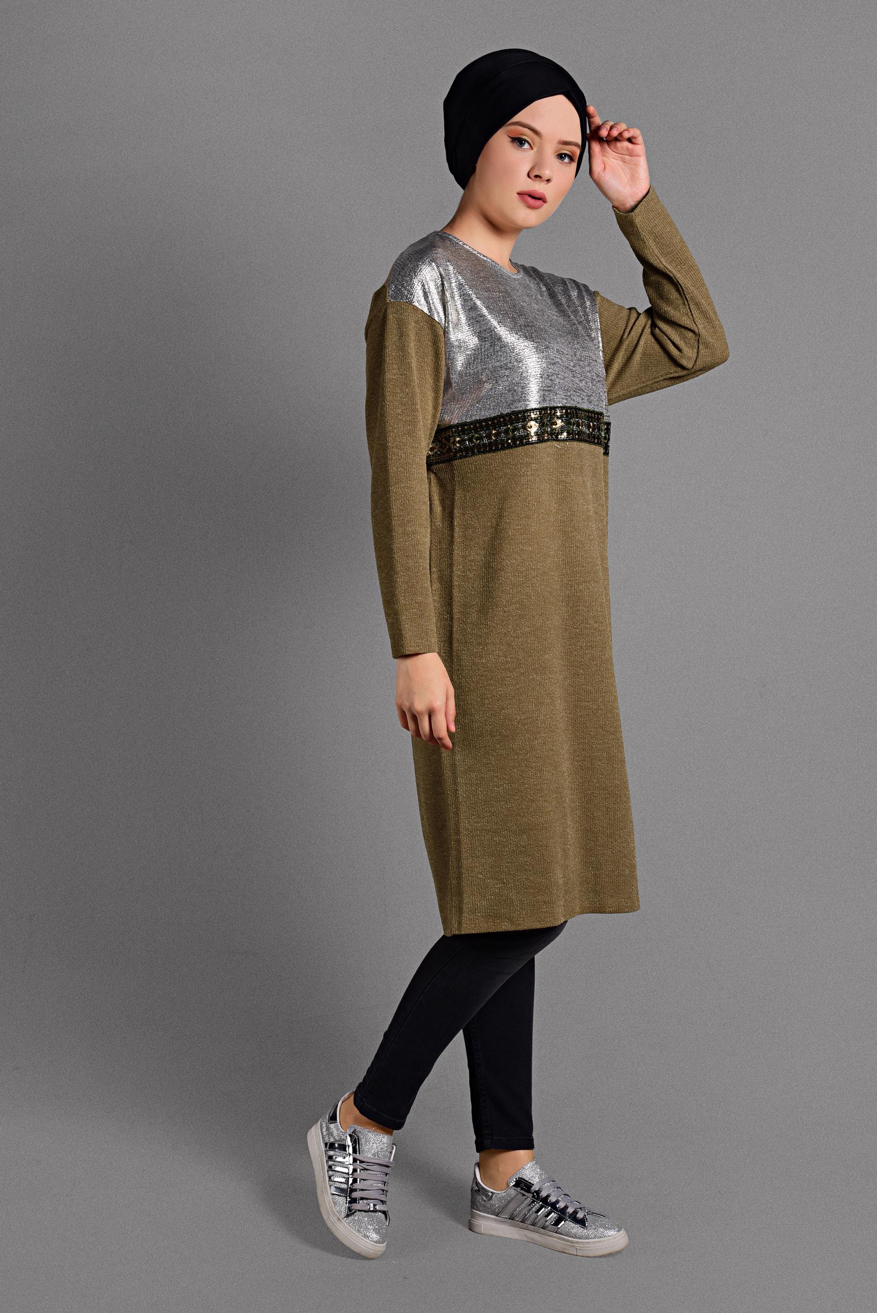 Tesettür giyim TABA ETNİK DESENLİ TRİKO TUNİK 4011