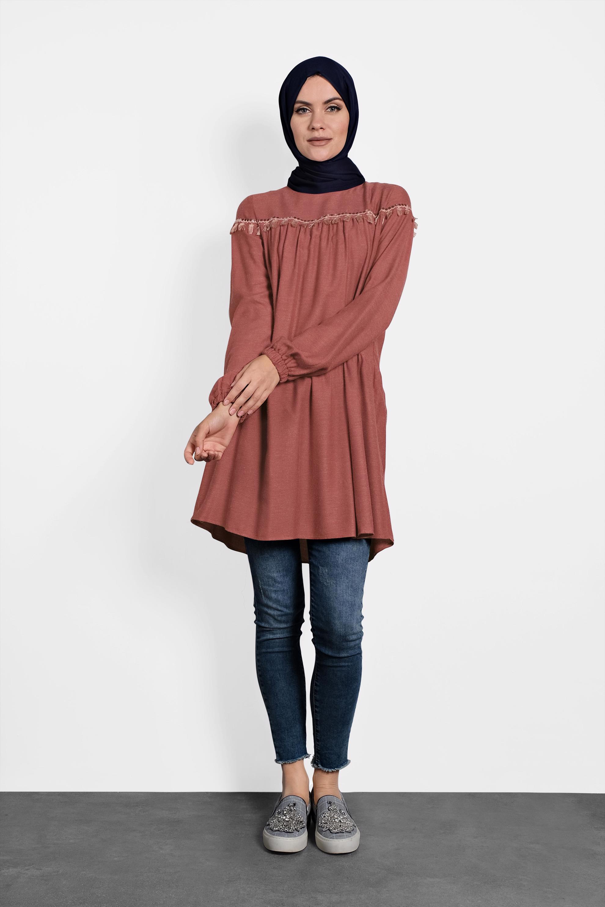 Tesettür giyim TURUNCU PÜSKÜLLÜ PULLU PAYETLİ TUNİK 40116