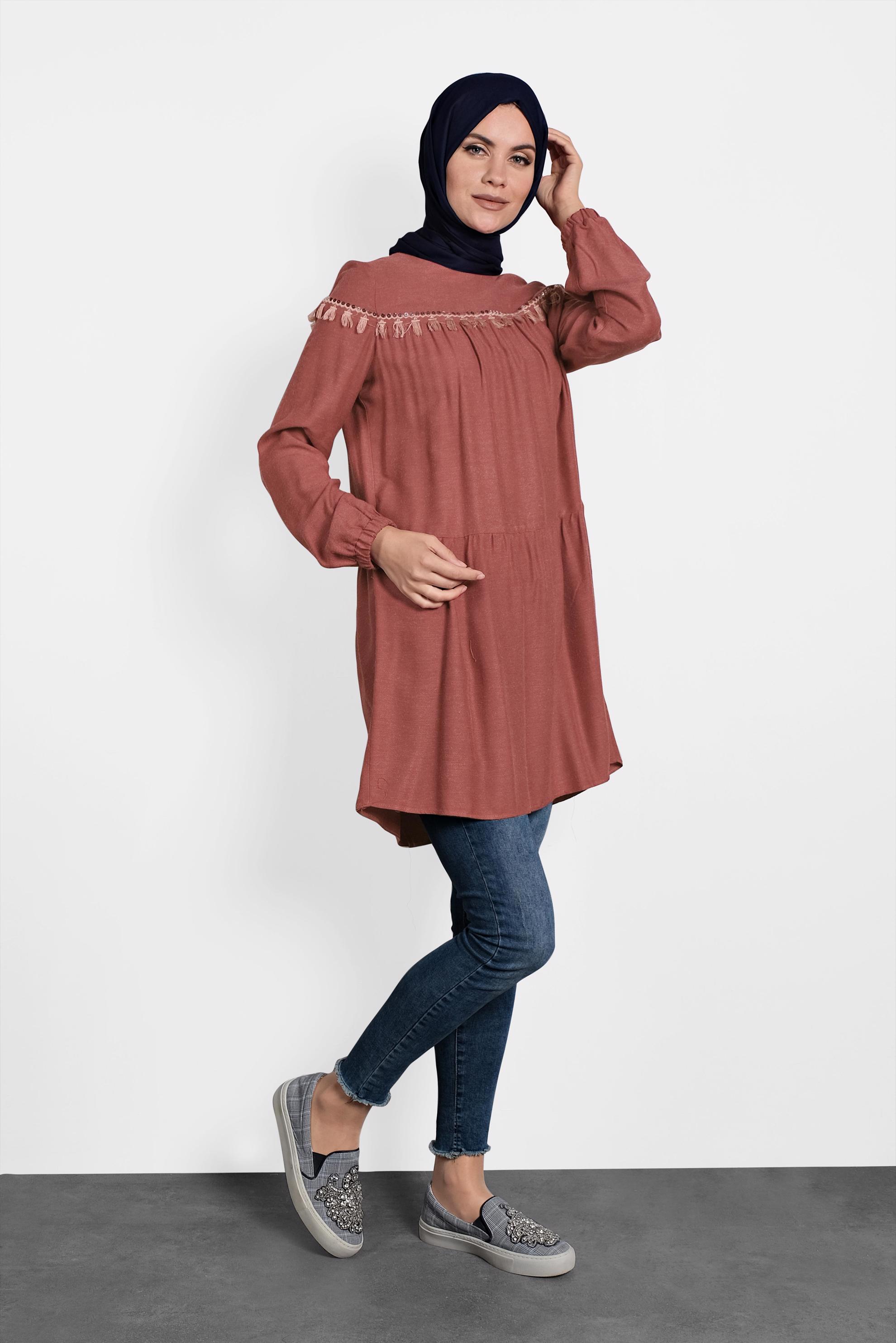 Tesettür giyim TURUNCU PÜSKÜLLÜ PULLU PAYETLİ TUNİK 40116