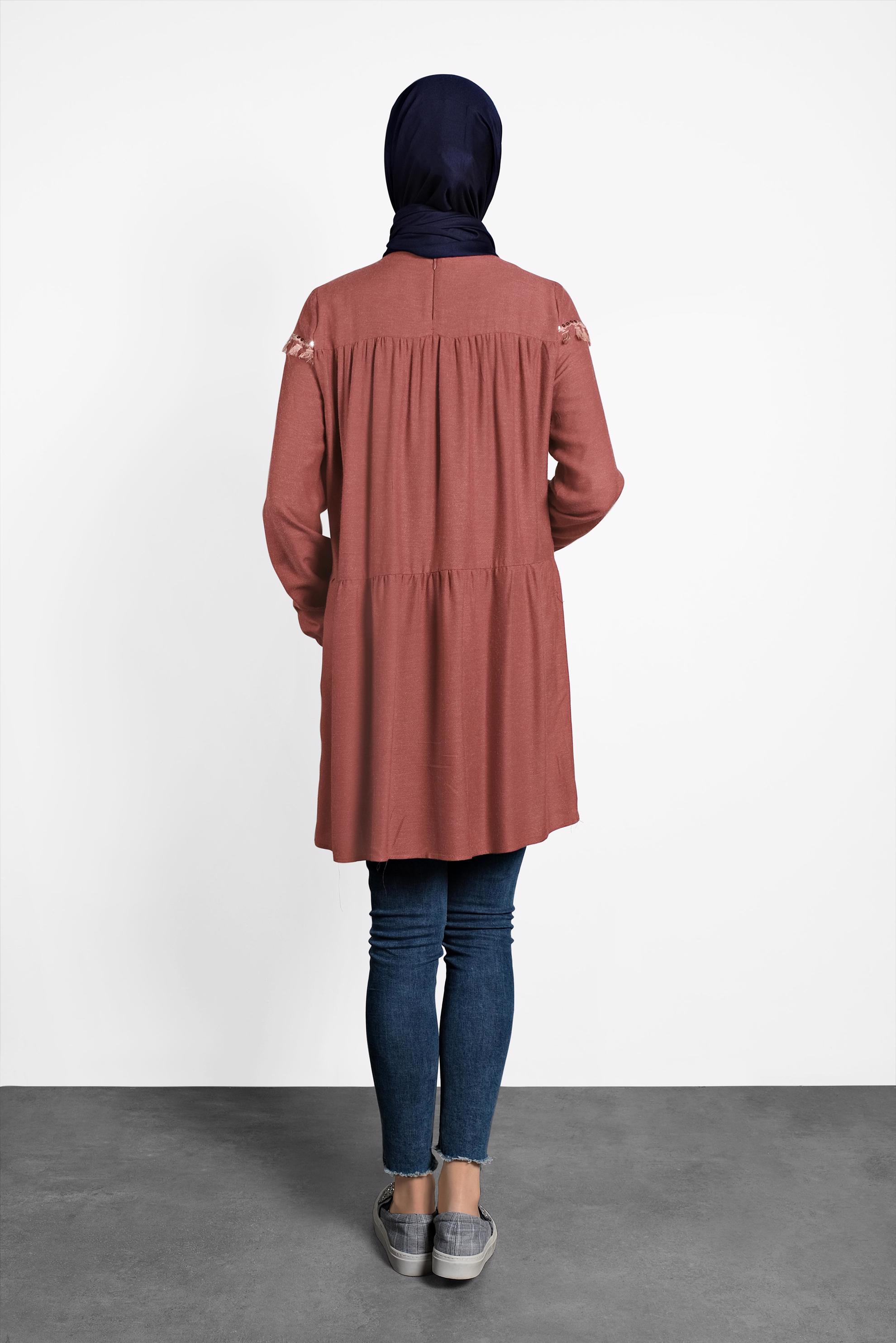 Tesettür giyim TURUNCU PÜSKÜLLÜ PULLU PAYETLİ TUNİK 40116