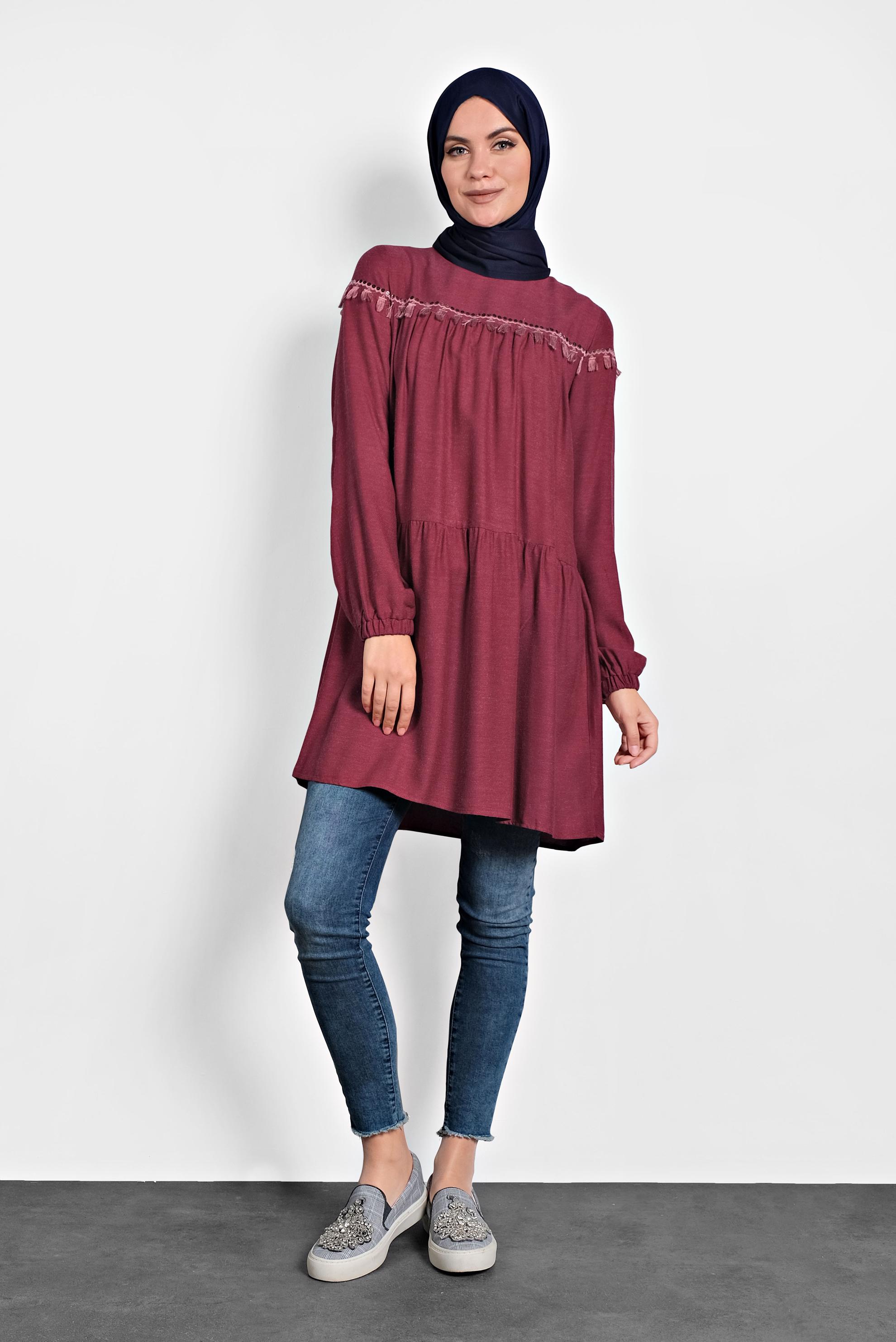 Tesettür giyim KIRMIZI PÜSKÜLLÜ PULLU PAYETLİ TUNİK 40116